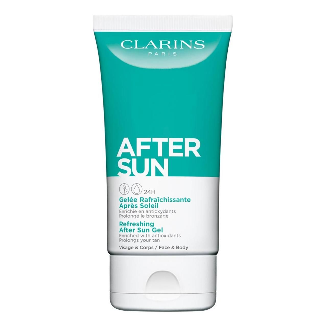 Clarins After Sun Gel Tube. Türkis-weiße Tube mit Text. Gesicht & Körper.