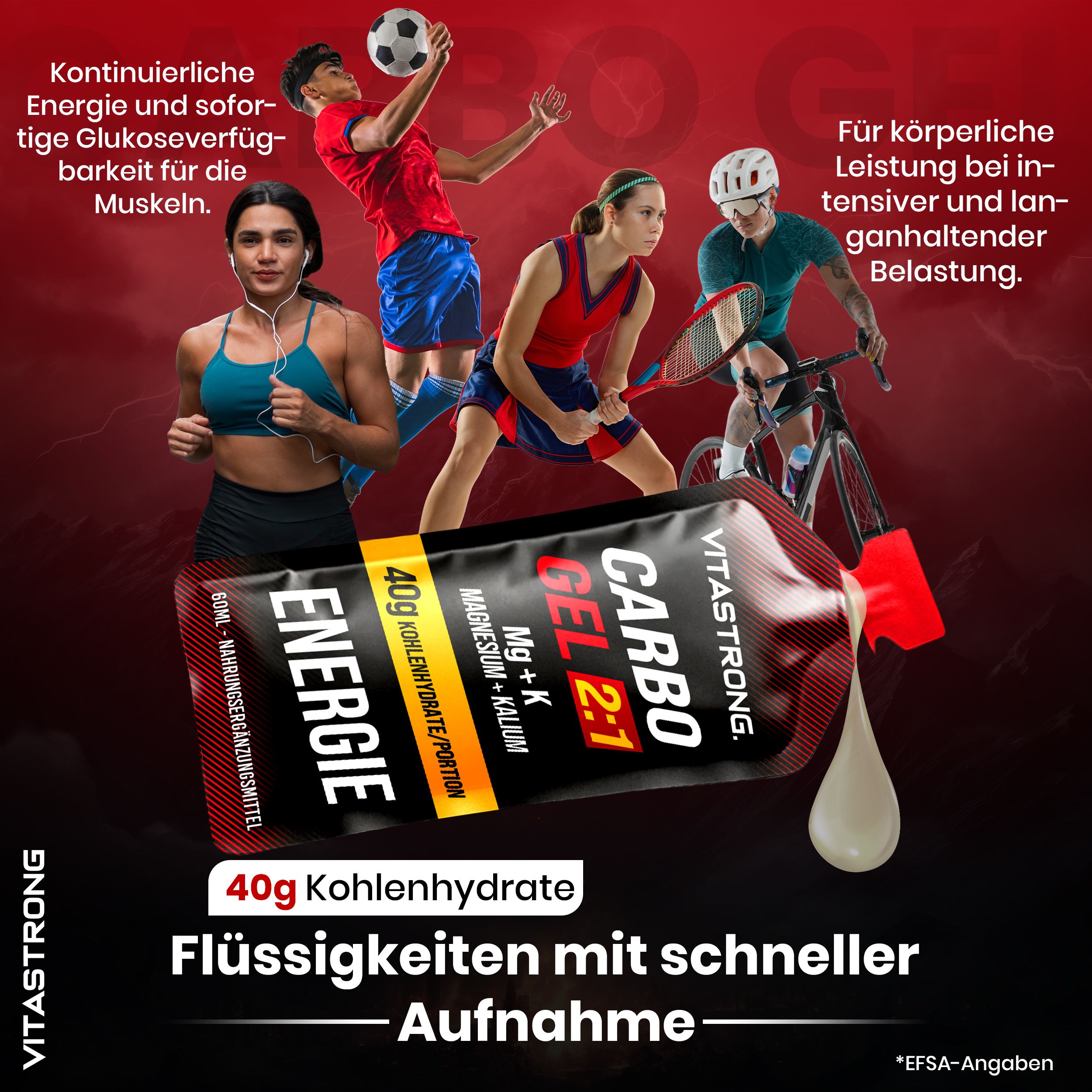 Vitastrong CARBO GEL 2:1. Einzelportion. Sportler beim Training. Text: 40g Kohlenhydrate, Magnesium + Kalium. Schnelle Aufnahme.