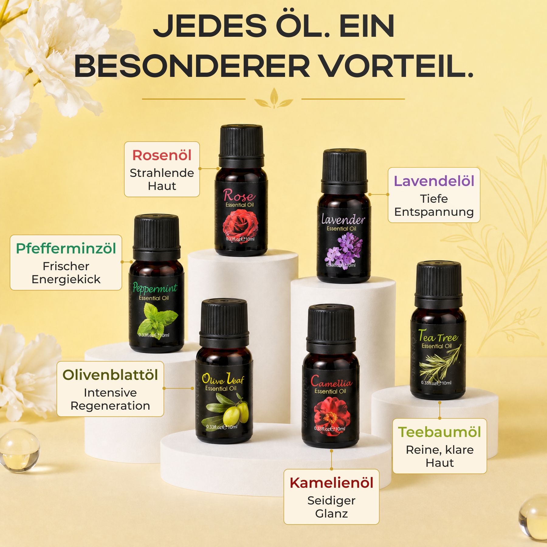 Dunkle Glasflasche mit Rosenöl-Etikett und einer roten Rose.