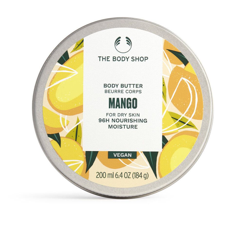 Runde Dose mit Mango-Design. Aufschrift: Body Butter Mango, für trockene Haut, 96h Feuchtigkeit. Vegan. 200 ml.