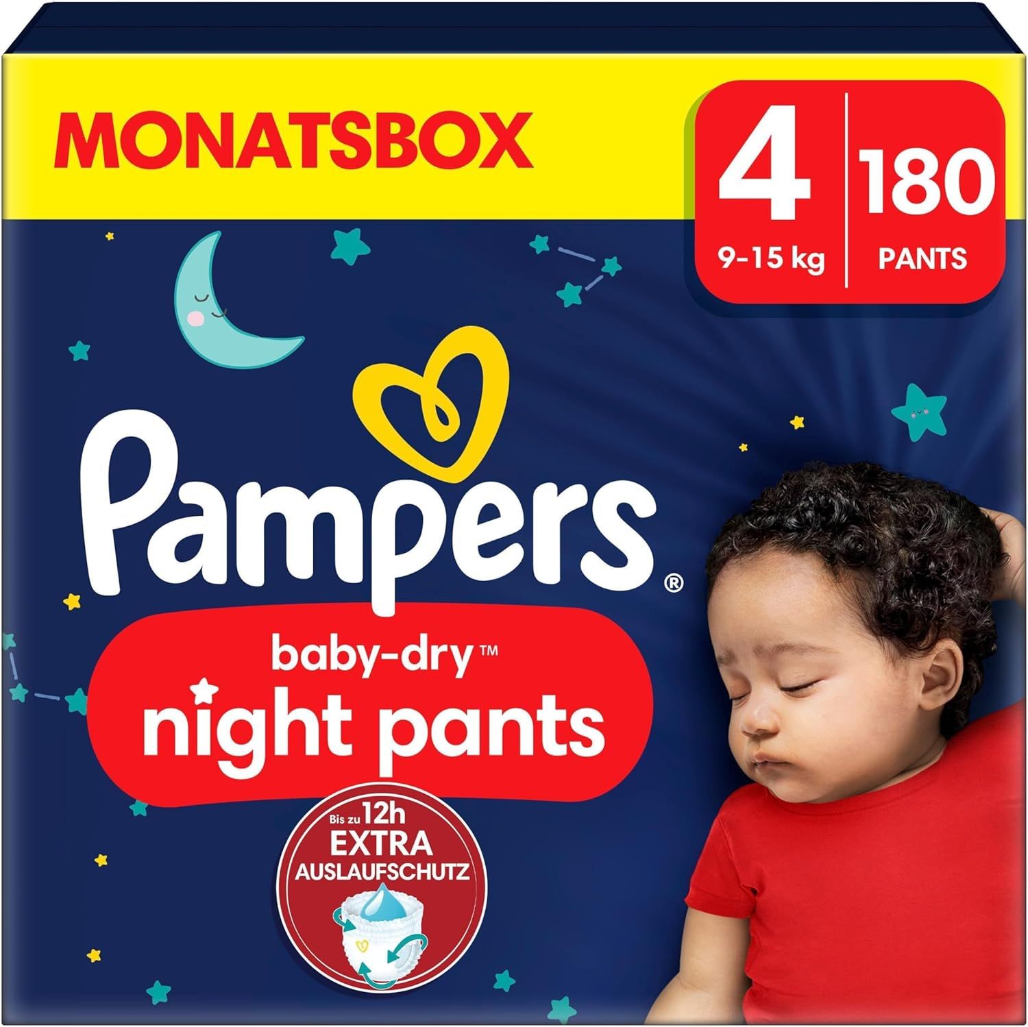 Pampers Baby-Dry Night Pants, Größe 4, Packung mit 180 Stück. Aufdruck mit Mond und Sternen. Baby schläft.
