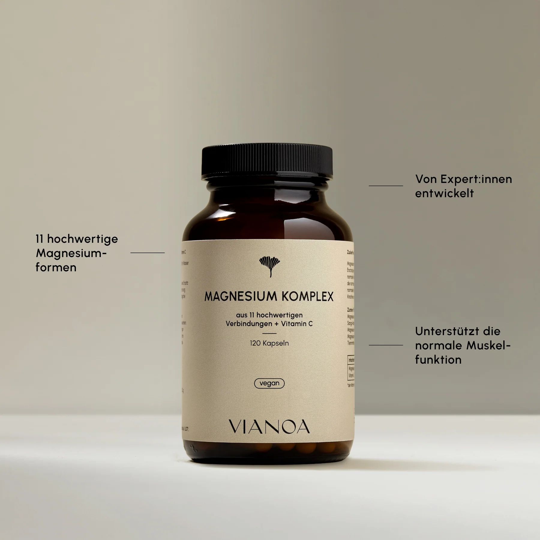 VIANOA Magnesium Komplex Flasche mit Hinweisen zu 11 Magnesiumformen, veganer Siegel und Muskelunterstützung.