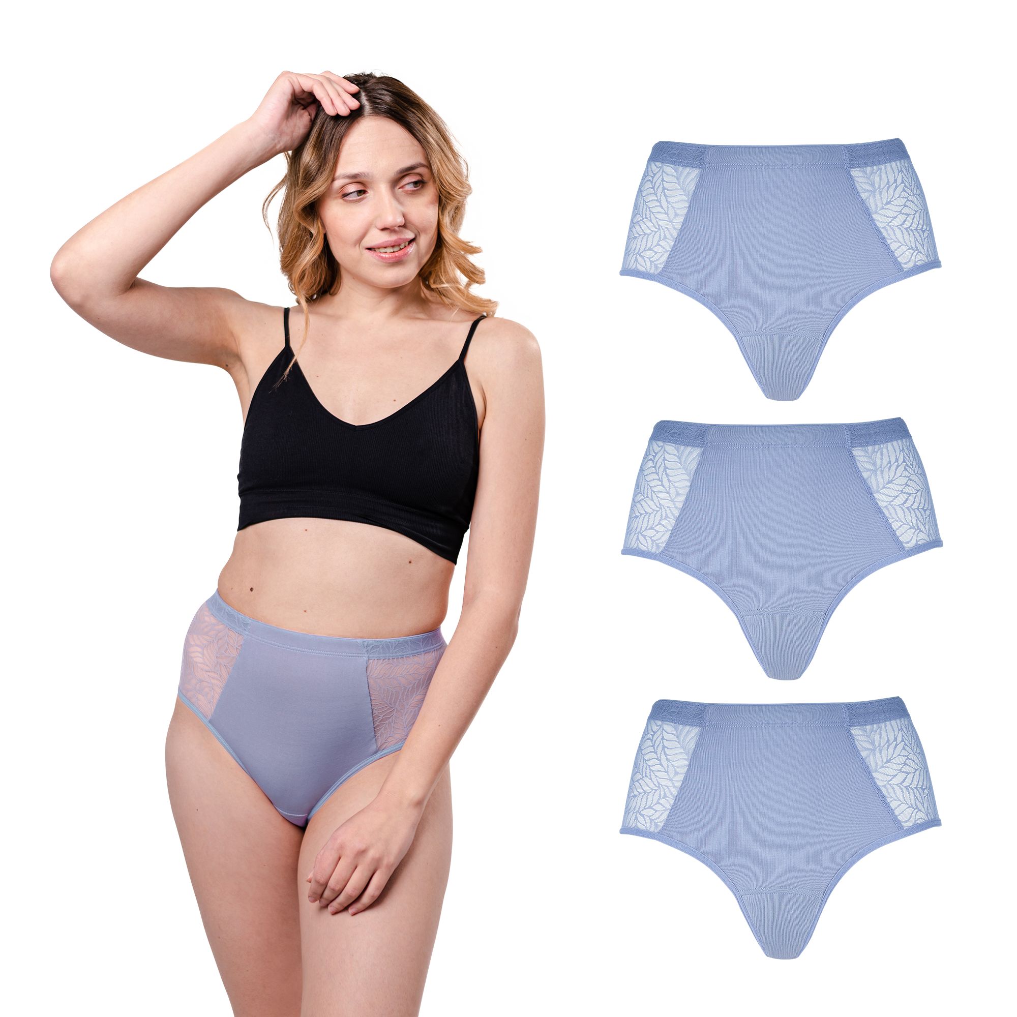 Hellblaue Periodenunterwäsche mit Spitze, High Waist, 3 Stück. Model trägt Unterwäsche, daneben 3 weitere.