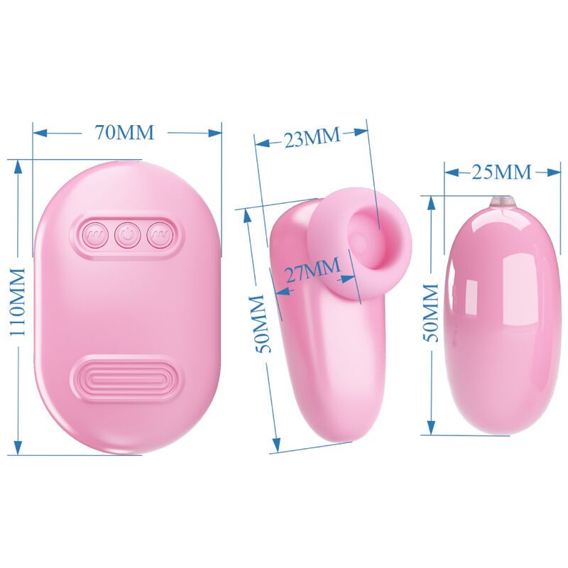 Rosa Set mit drei Teilen. Enthält einen Klopfstimulator, einen Vibrationsball und eine ovale Box mit Maßen.