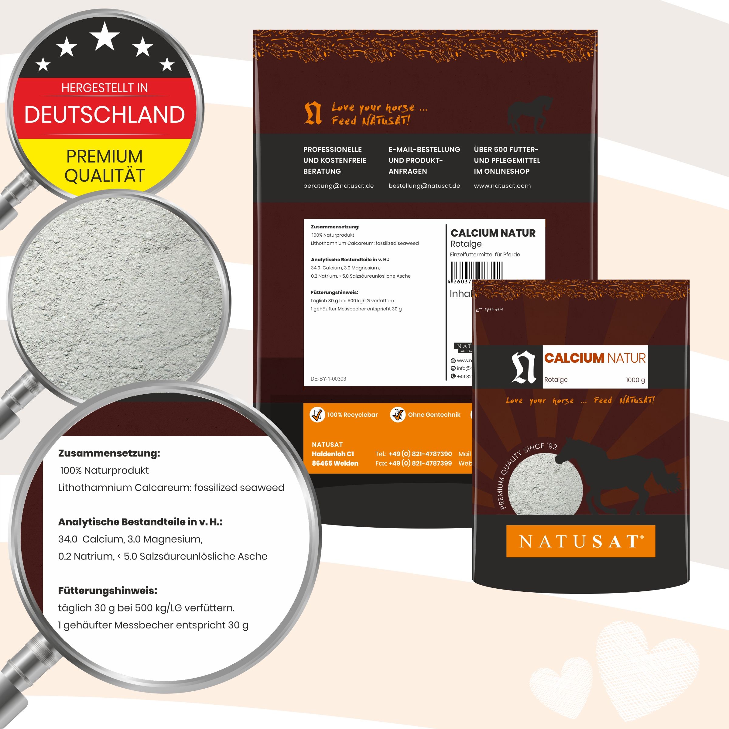 Rückseite und Vorderseite des Natusat Calcium Natur Rotalge 1000g Beutels mit Lupenansicht des Inhalts.