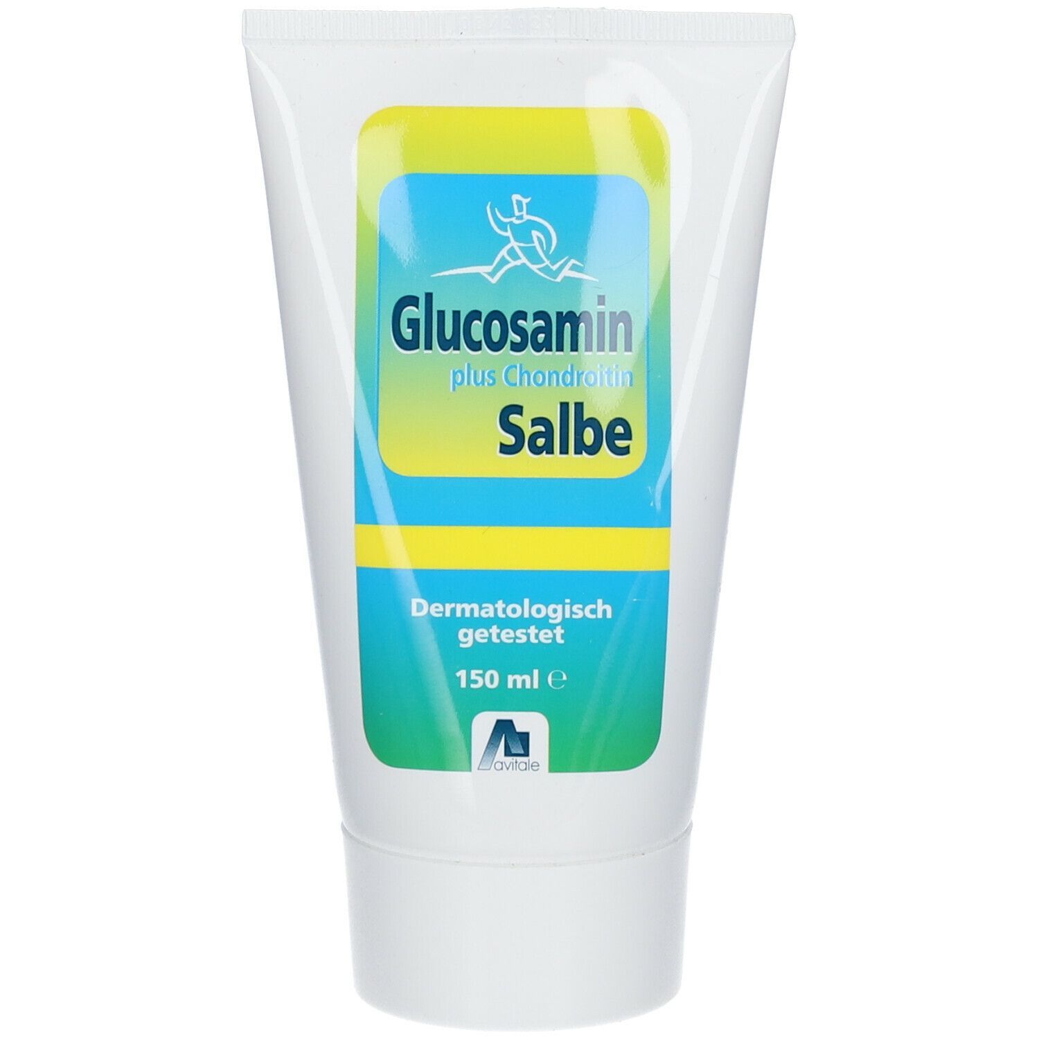 Weiße Tube mit grün-blauem Etikett. Schriftzug Glucosamin Salbe. Dermatologisch getestet. Logo Avitale.