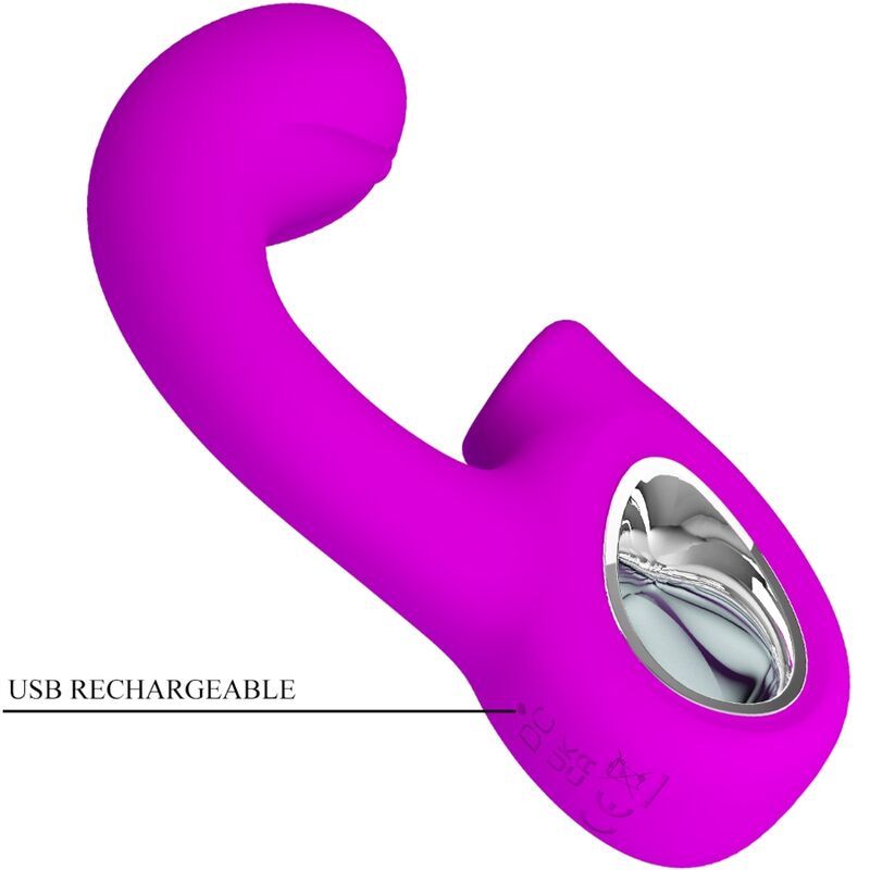 Lila G-Punkt-Vibrator mit Klitoris-Stimulator. Gebogene Form mit silberfarbenem Ring. Text: USB RECHARGEABLE.