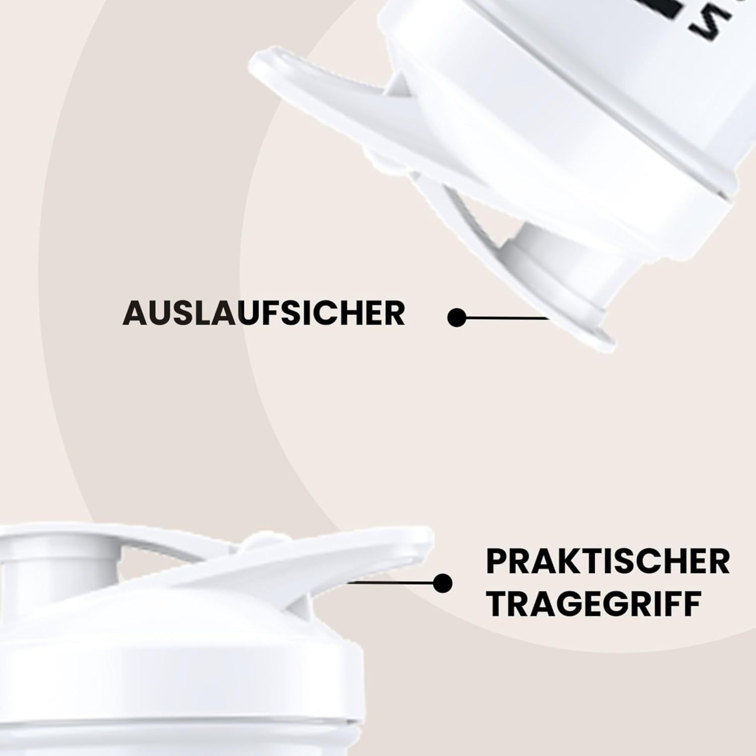 Weißer Protein Shaker, Details: auslaufsicherer Deckel, praktischer Tragegriff.