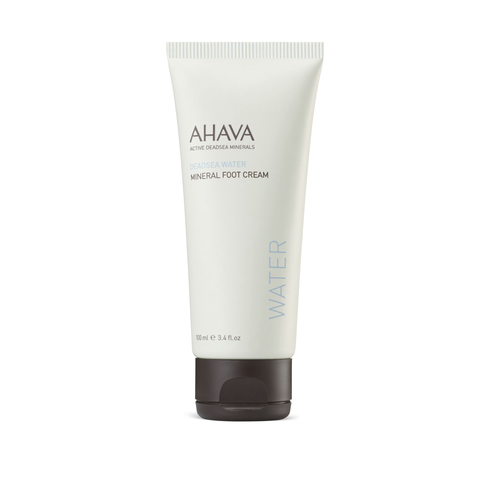 AHAVA Deadsea Water Mineral Foot Cream Tube. Weiß, brauner Deckel, Schriftzug.