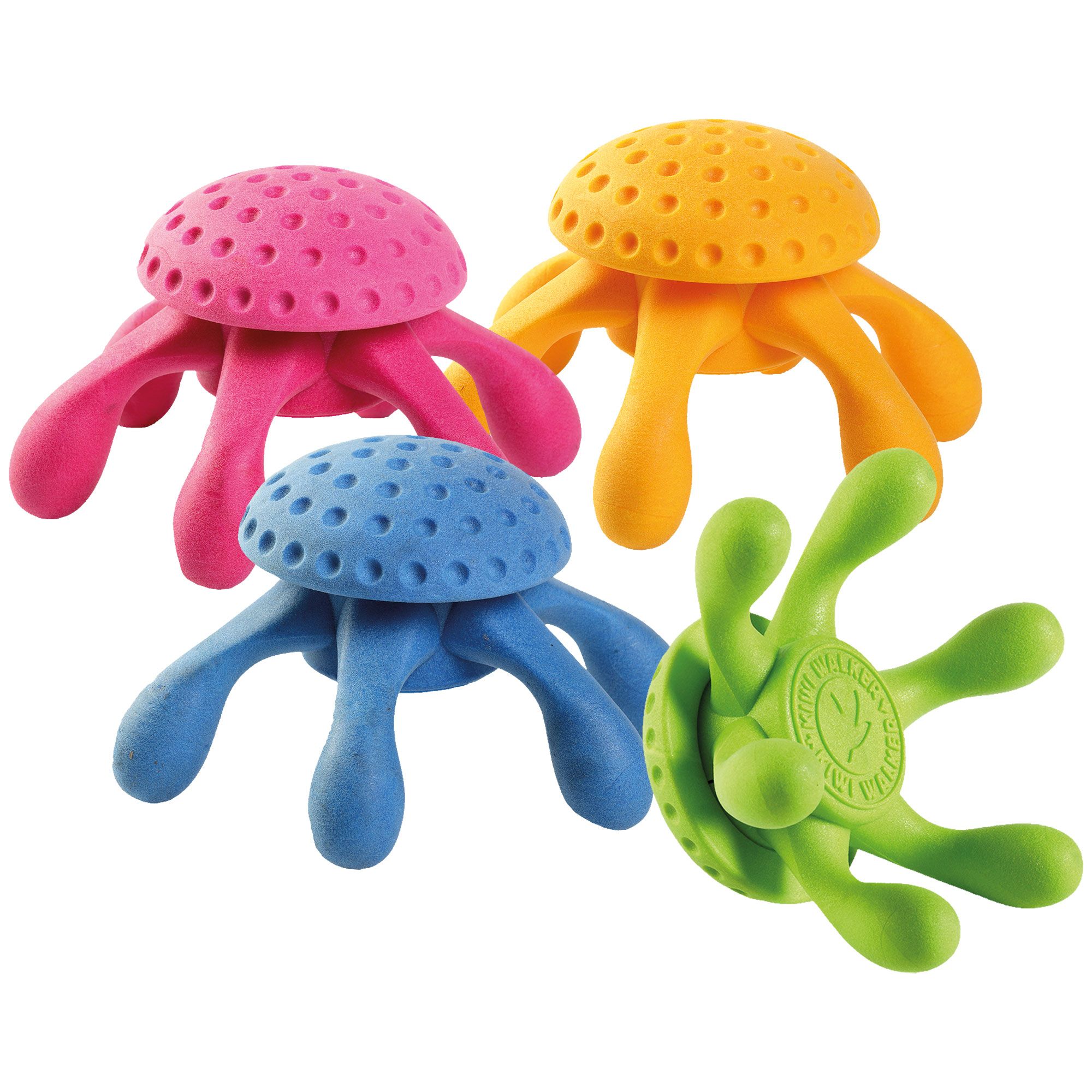 Vier Octopus-Spielzeuge in Pink, Orange, Blau und Grün. Jedes hat Löcher auf der Oberseite und Tentakeln.