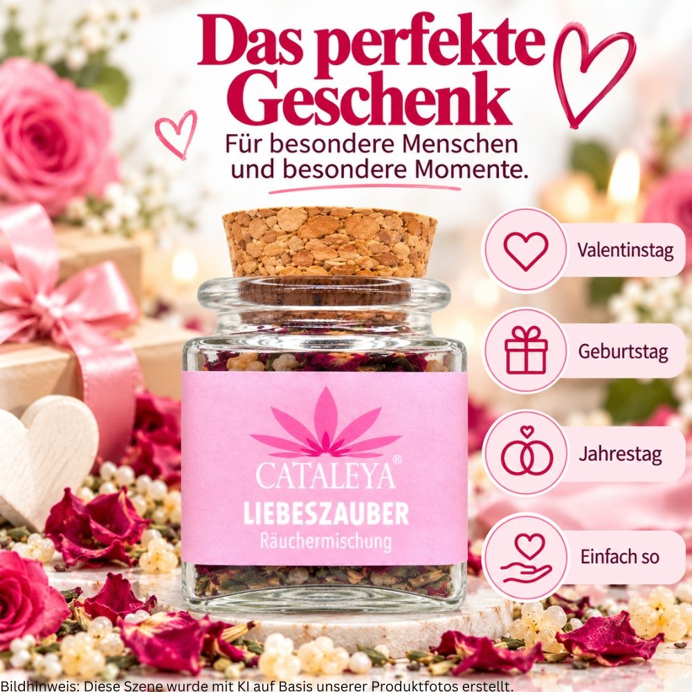 Glas mit Korkverschluss, 6cm hoch, 4cm breit, gefüllt mit 50g Räuchermischung 'Liebeszauber'.