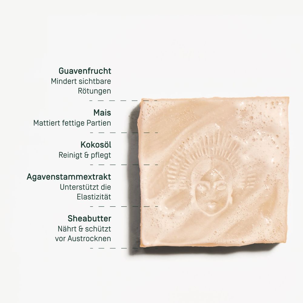 Viva Maia Nourishing Bar: Seife mit Guavenfrucht, Mais, Kokosöl, Agavenextrakt, Sheabutter. Mildert Rötungen, mattiert.