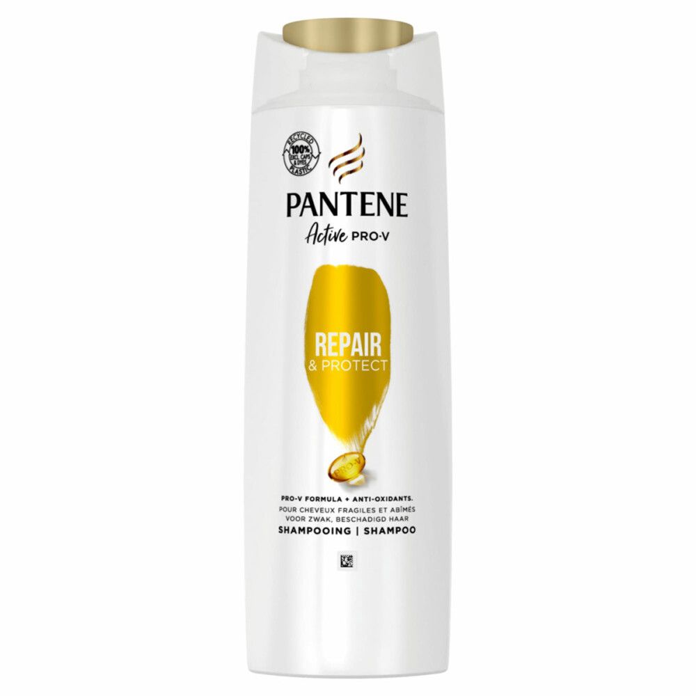 Weiße Shampoo-Flasche mit goldenem Verschluss. Aufschrift: Pantene Active Pro-V, Repair & Protect. Gelbes Designelement.