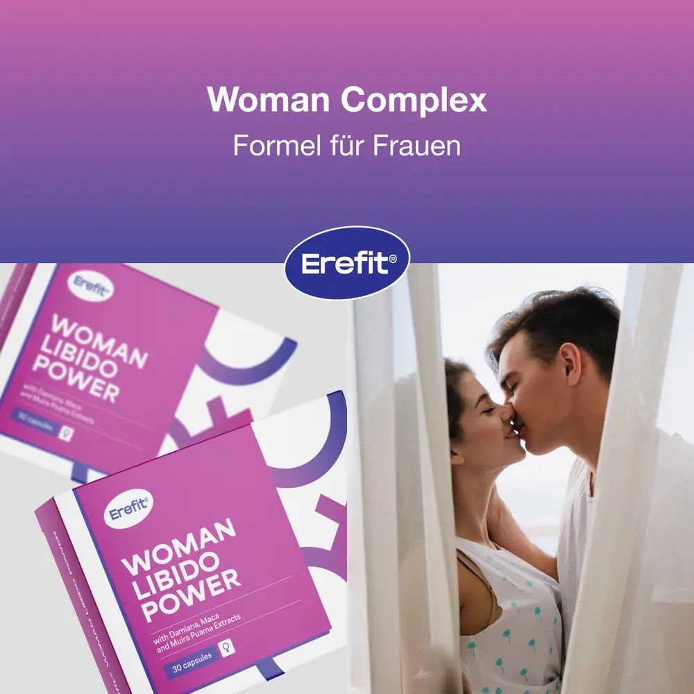 Zwei Produktverpackungen mit Text: Woman Libido Power. Hintergrund mit Text: Woman Complex Formel für Frauen. Ein küssendes Paar.