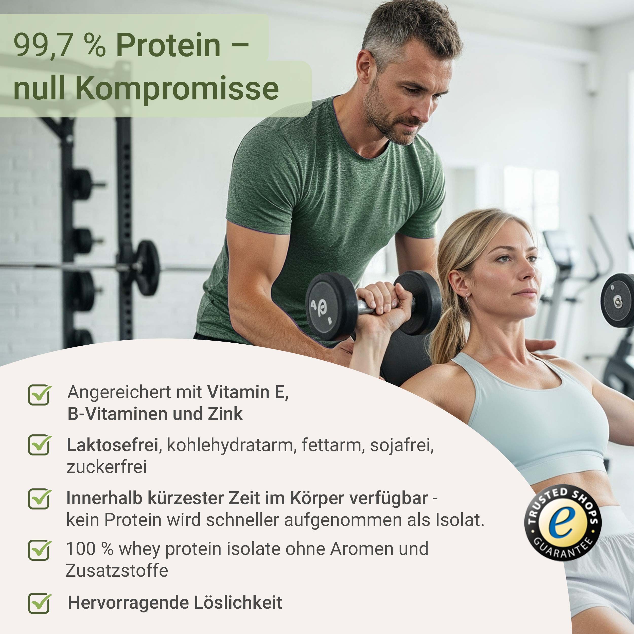 Mann hilft Frau beim Hanteltraining. Text: Angereichert mit Vitaminen, laktosefrei, schnell verfügbar, ohne Aromen, gute Löslichkeit.