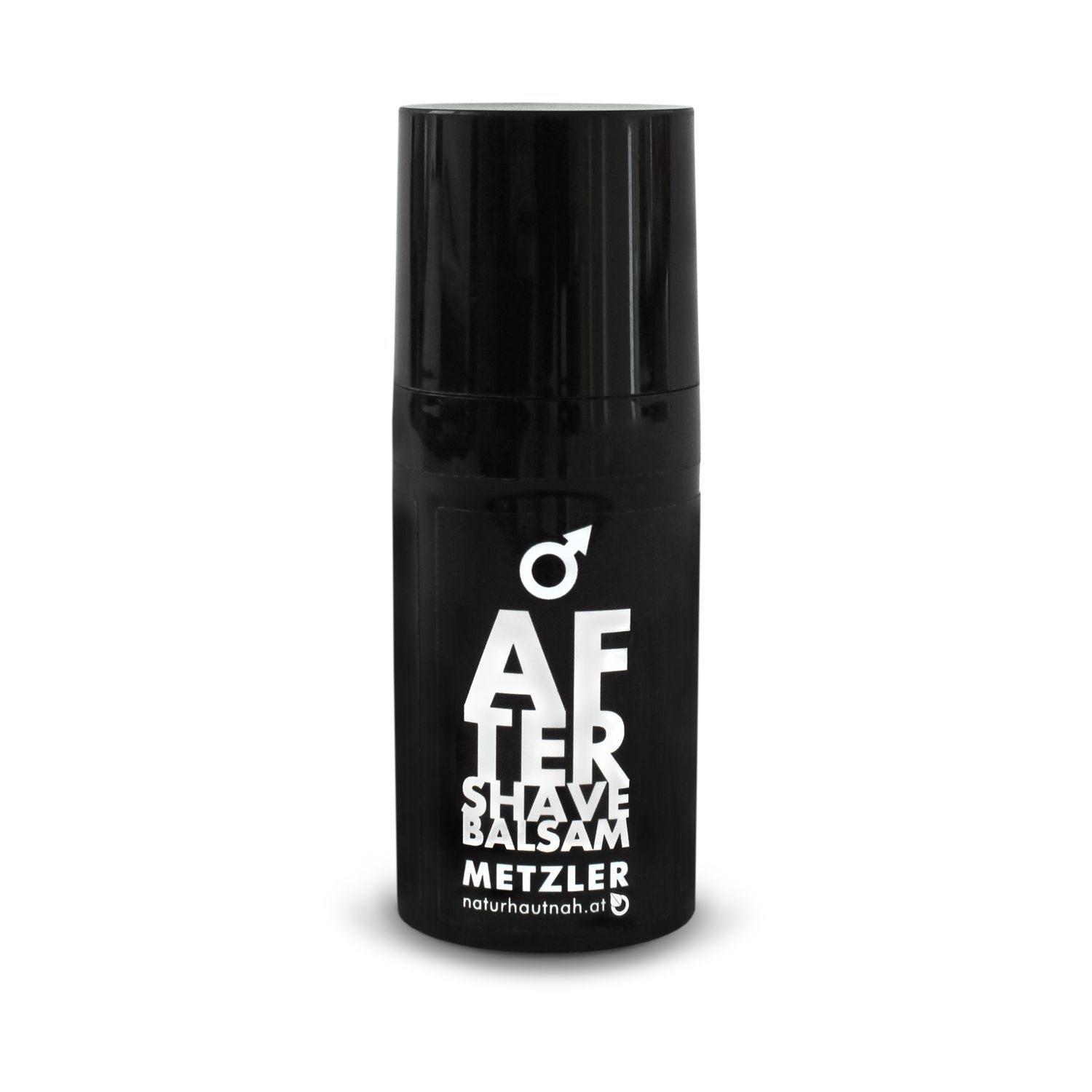 Schwarze Flasche mit weißem Aufdruck: After Shave Balsam. Marke Metzler. Männliches Symbol. naturhautnah.at.