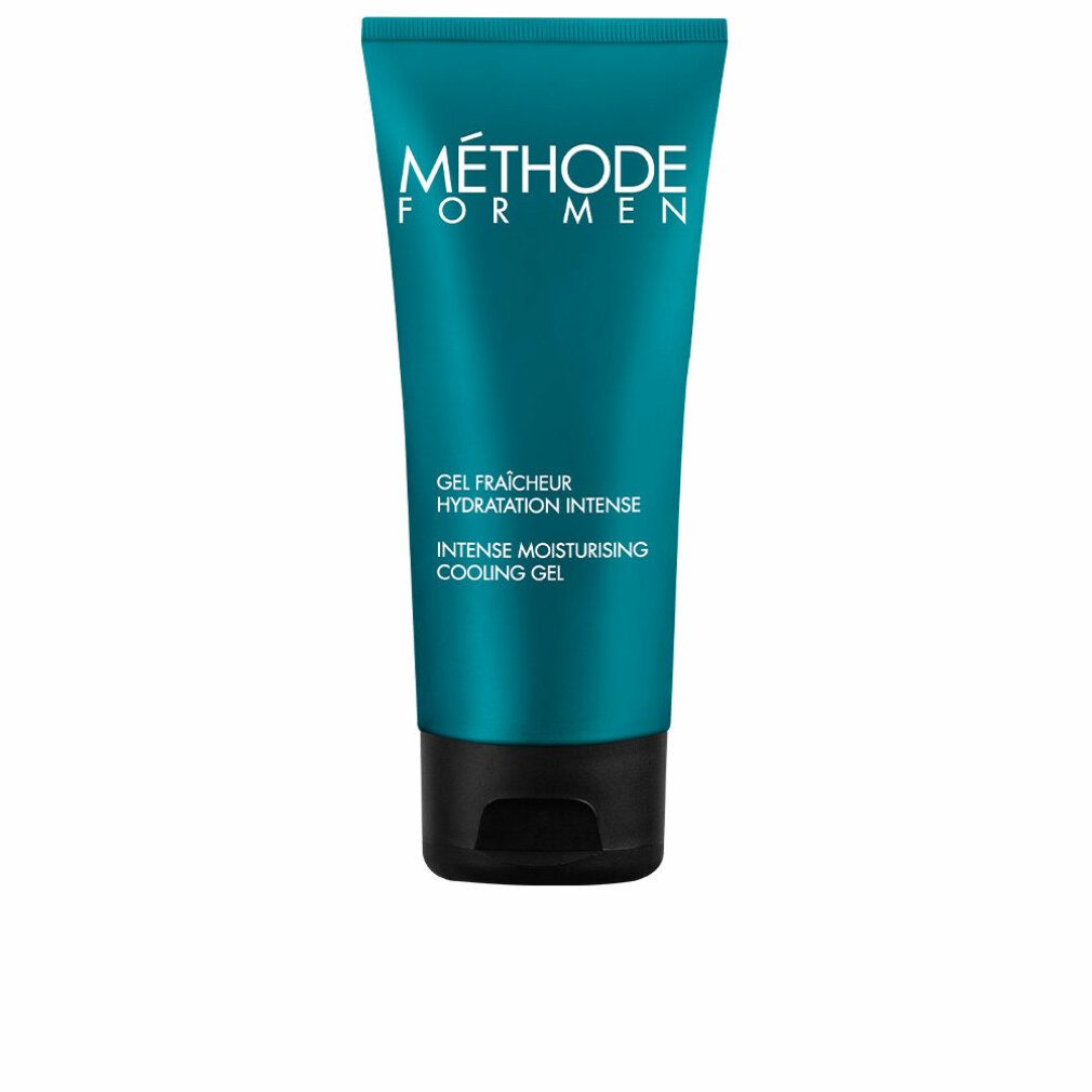 Türkisfarbene Tube mit schwarzem Deckel. Aufschrift: MÉTHODE FOR MEN, Gel fraîcheur, Hydratation intense, Intense Moisturising Cooling Gel.