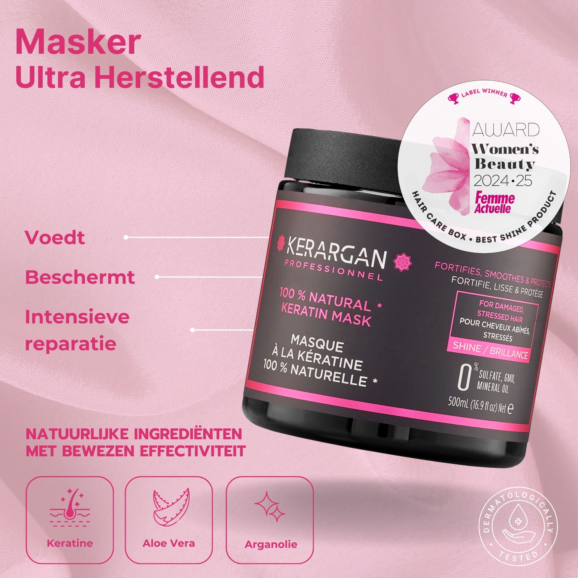 Zwarte fles Kerargan conditioner met roze etiket. Bevat 100% natuurlijke keratine. 500ml. Dermatologisch getest.
