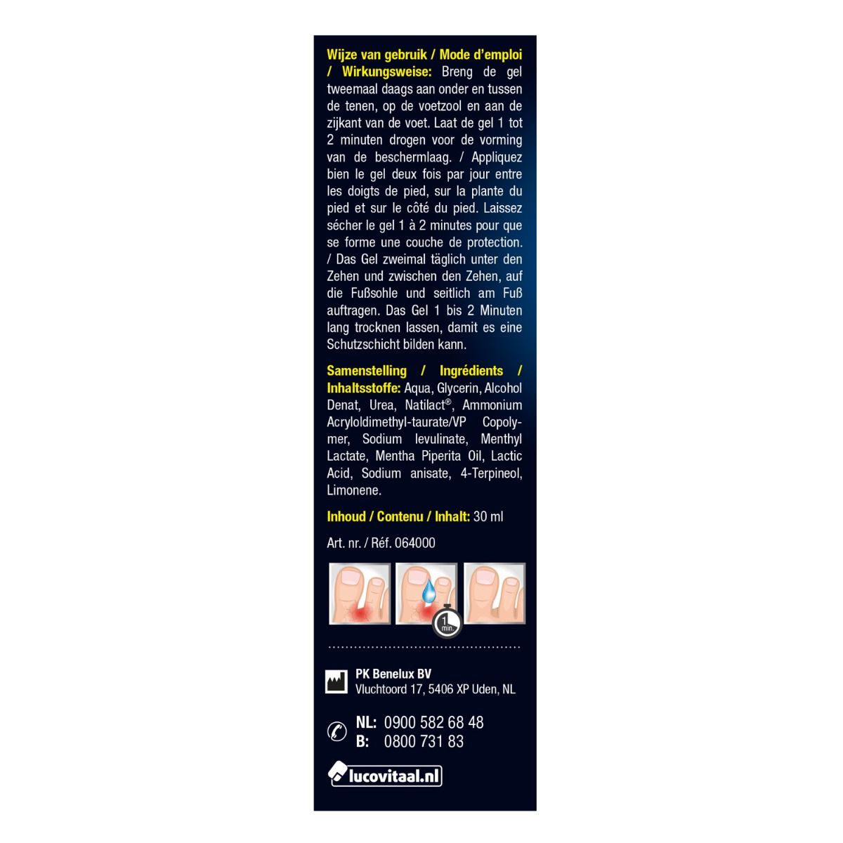 Dos du tube de gel. Texte avec instructions, ingrédients et coordonnées. Illustrations de pieds.