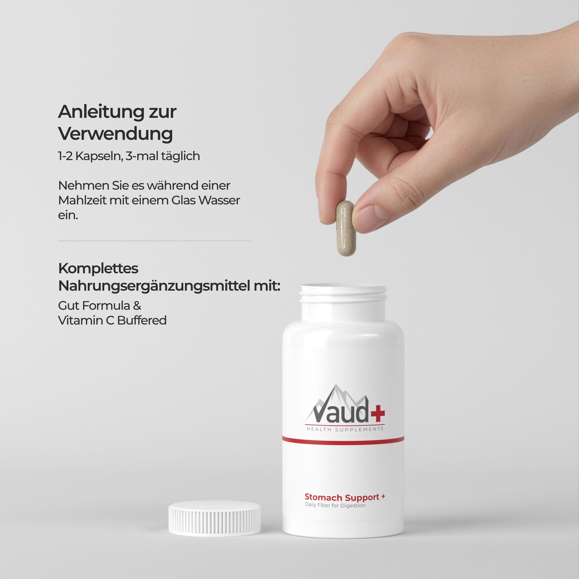 Hand hält Kapsel über einer weißen Flasche mit Vaud+ Logo. Text: Anwendungshinweise.