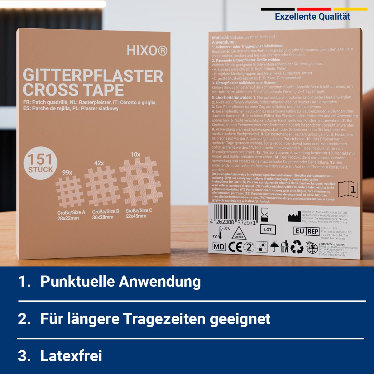 Verpackung von HIXO Gitterpflaster Cross Tape mit Hinweisen zu Anwendung und Eigenschaften.