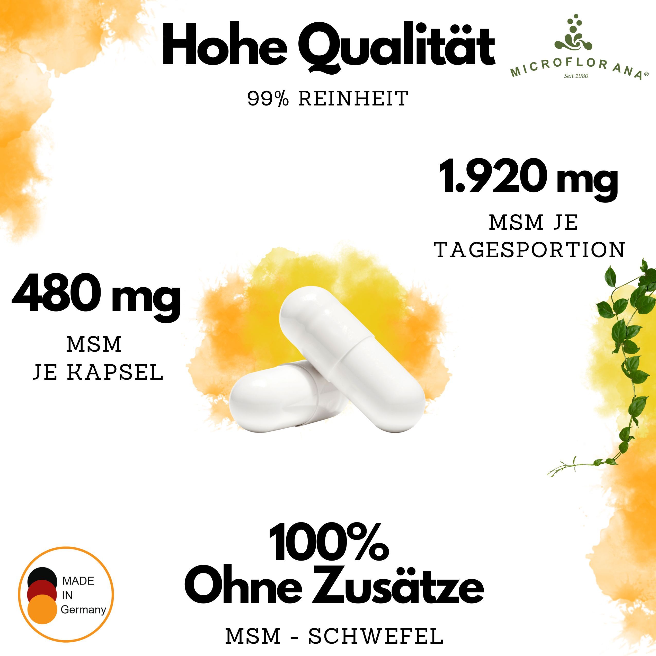 Zwei weiße Kapseln. Text: Hohe Qualität, 99% Reinheit, 480 mg MSM je Kapsel, 1.920 mg MSM je Tagesportion, 100% ohne Zusätze.
