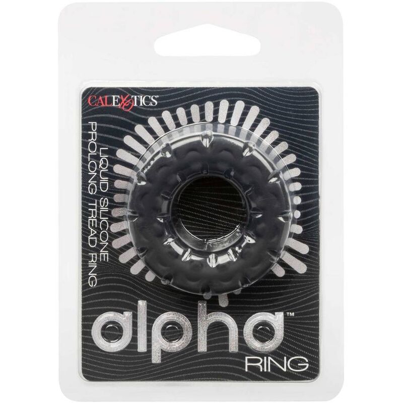 Verpackung mit schwarzem Ring. Produktname 'Alpha Ring' und Markenname 'CalExotics' sichtbar.