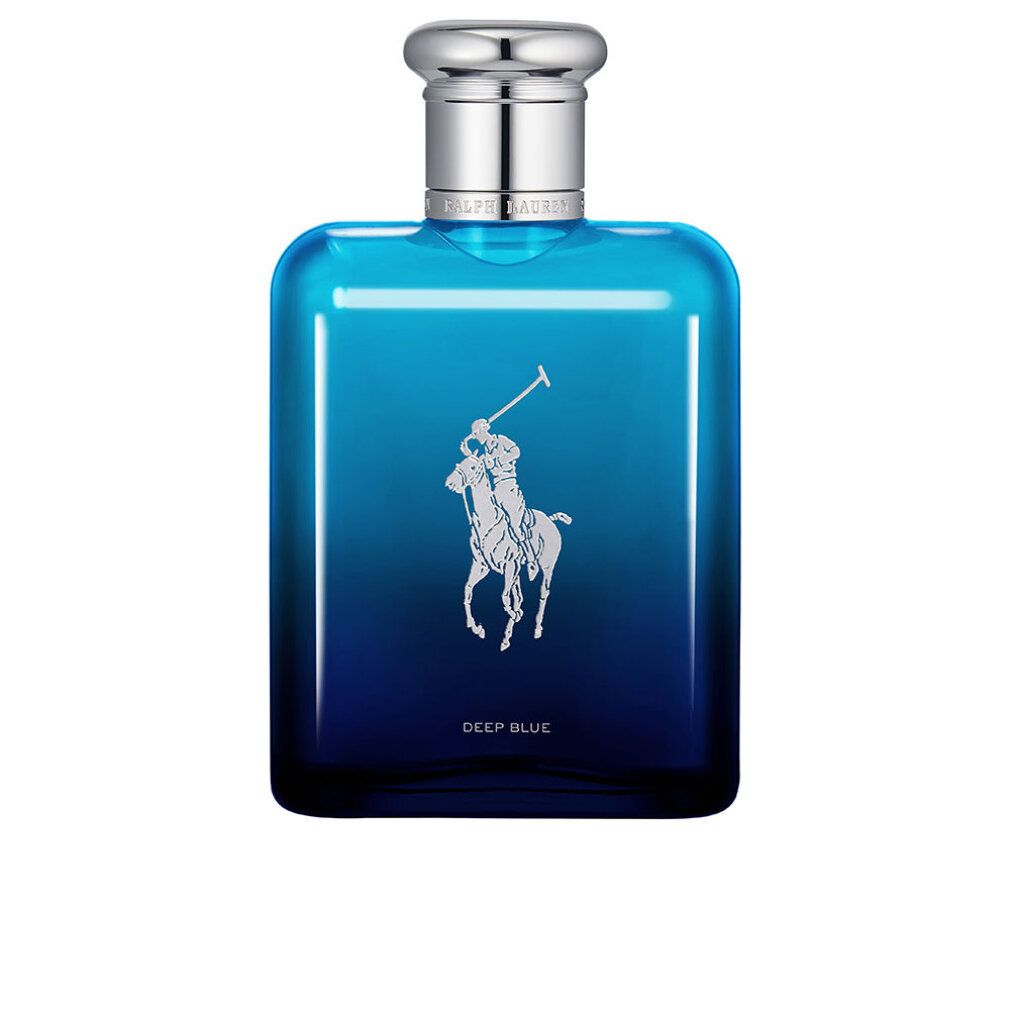 Blaues Parfümflakon mit weißem Logo eines Polospielers. Silberner Verschluss. Schriftzug Deep Blue.