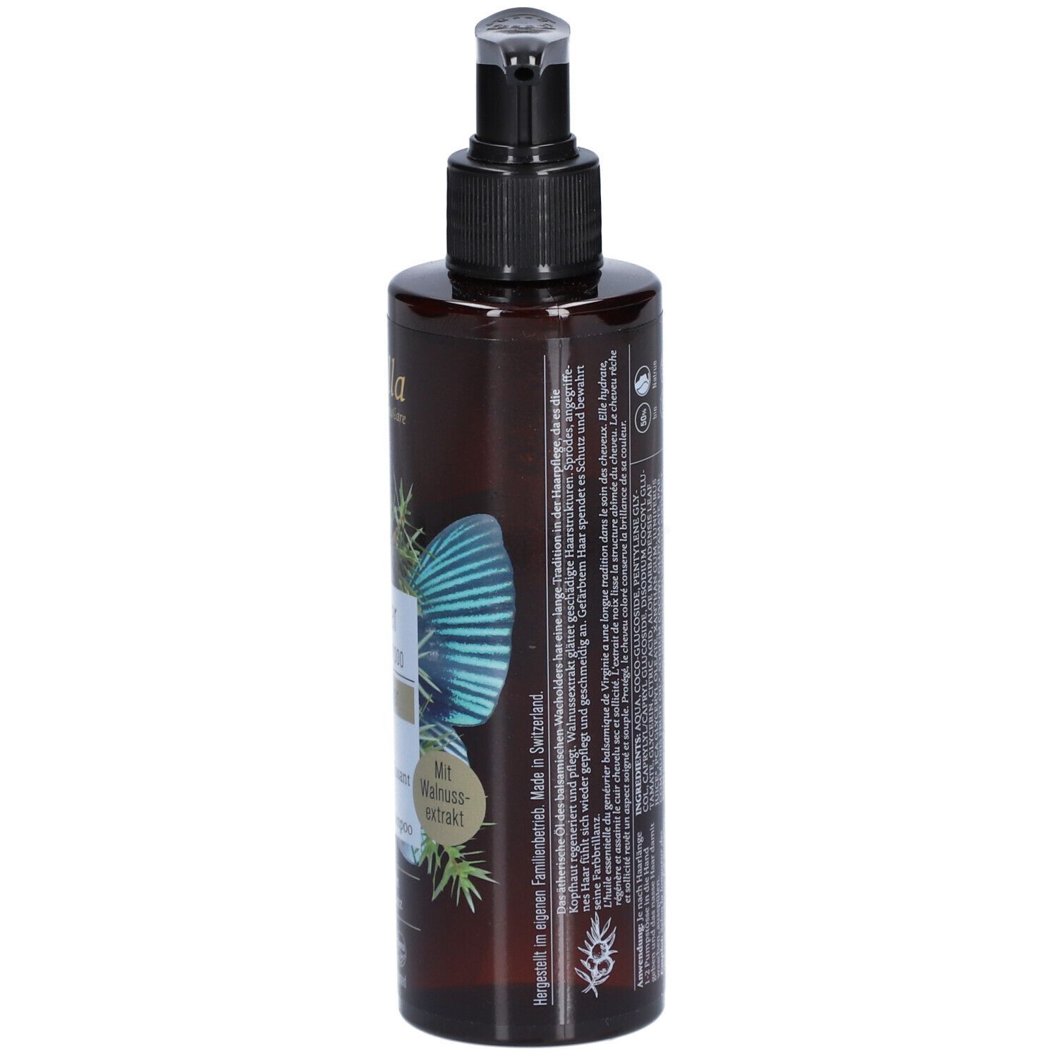 Braune Flasche mit schwarzem Pumpkopf. Aufschrift: Farfalla Wacholder Aufbau-Shampoo. Rückseite mit Text und Inhaltsstoffen. 200ml.