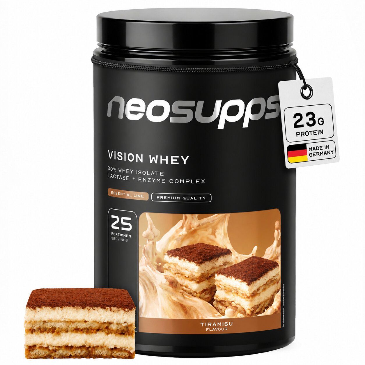 Neosupps Vision Whey Tiramisu Protein Pulver Dose mit 25 Portionen und Tiramisu-Abbildung.