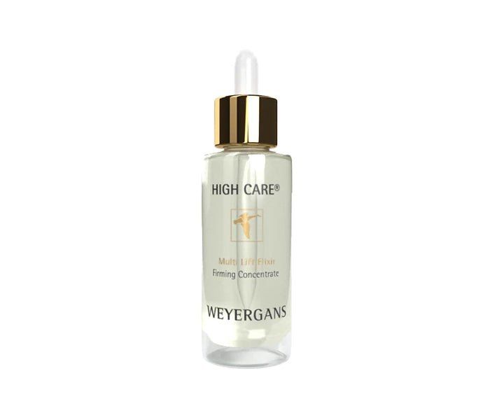 Glasflasche mit goldfarbenem Deckel und Pipette. Aufschrift: HIGH CARE, Multi Lift, Firming Concentrate, WEYERGANS.