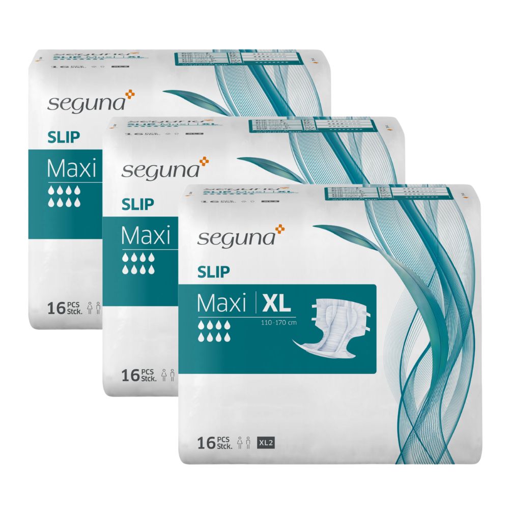 Drei Packungen SEGUNA Slip Maxi. Auf jeder Packung steht "Maxi" und "16 Stück". Auf einer Packung steht "XL".