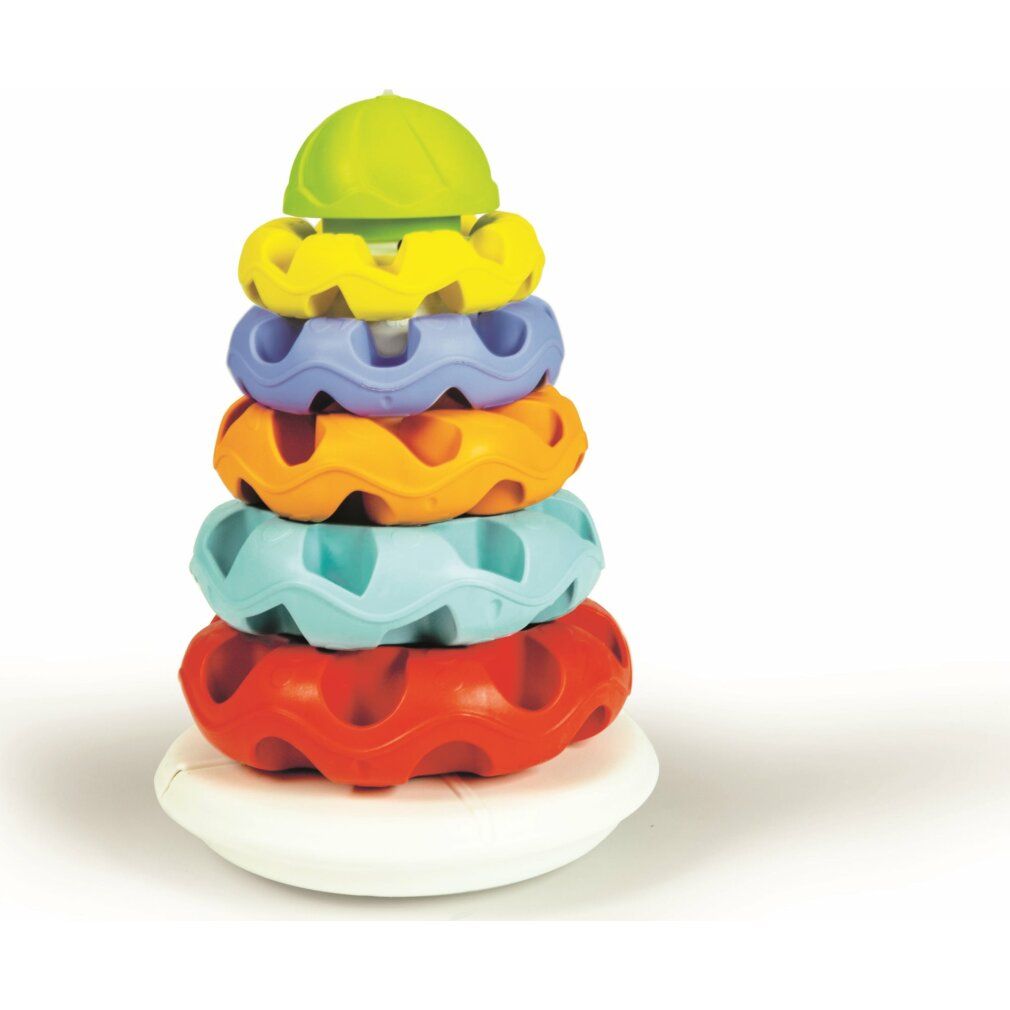 Bunte Stapelringe. Sechs Ringe in verschiedenen Farben, ein Sockel und ein Deckel. Die Ringe sind unterschiedlich geformt. Auf weißem Hintergrund.