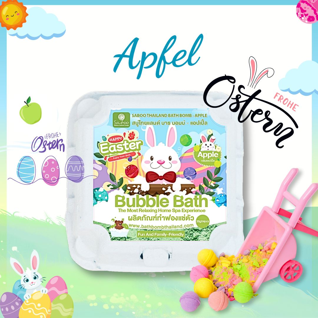 Verpackung mit Hasenmotiv und Text: Bubble Bath. Oben steht Apfel und Frohe Ostern. Kleine Schubkarre mit bunten Kugeln.