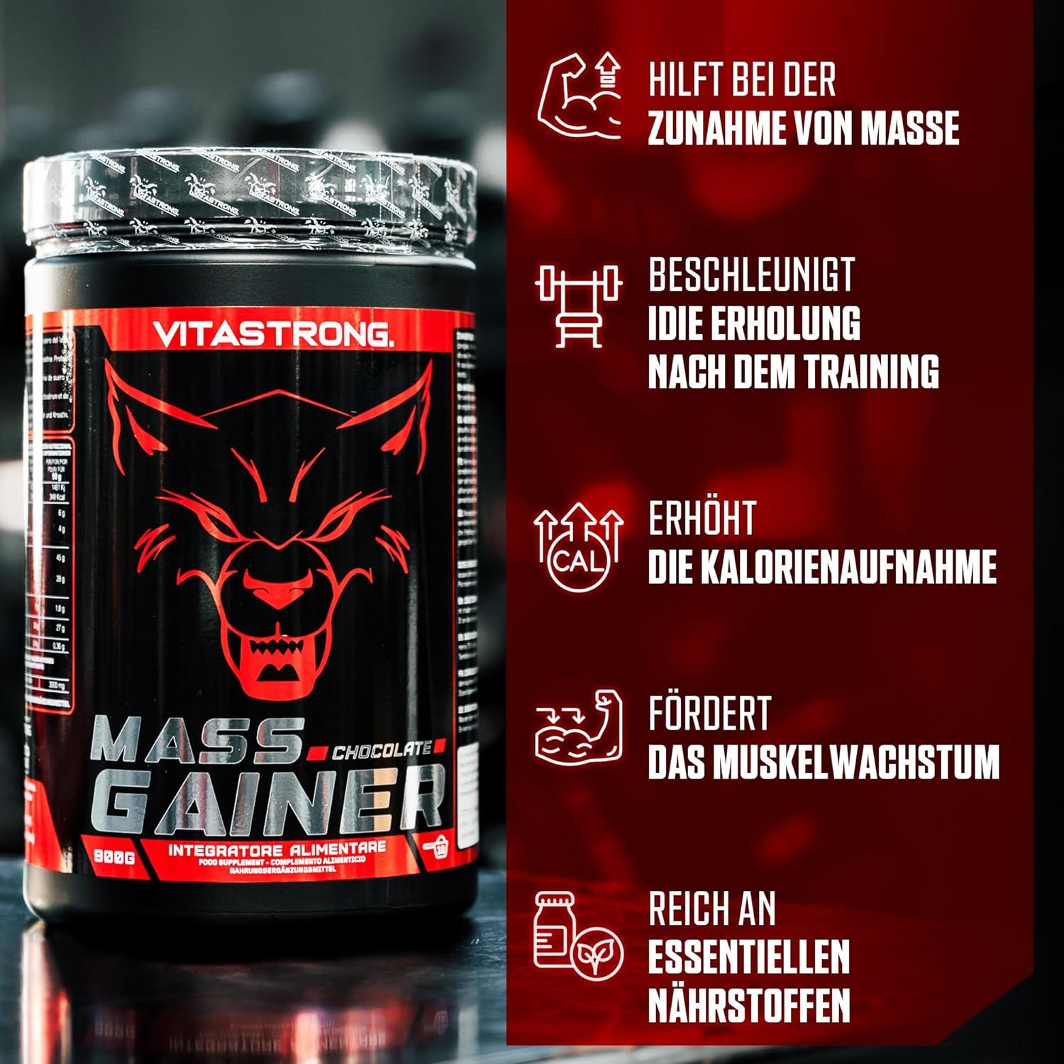 Vitastrong Mass Gainer-Behälter. Schwarzer Behälter mit rotem Etikett. Text: Hilft bei Zunahme, beschleunigt Erholung, erhöht Kalorien.