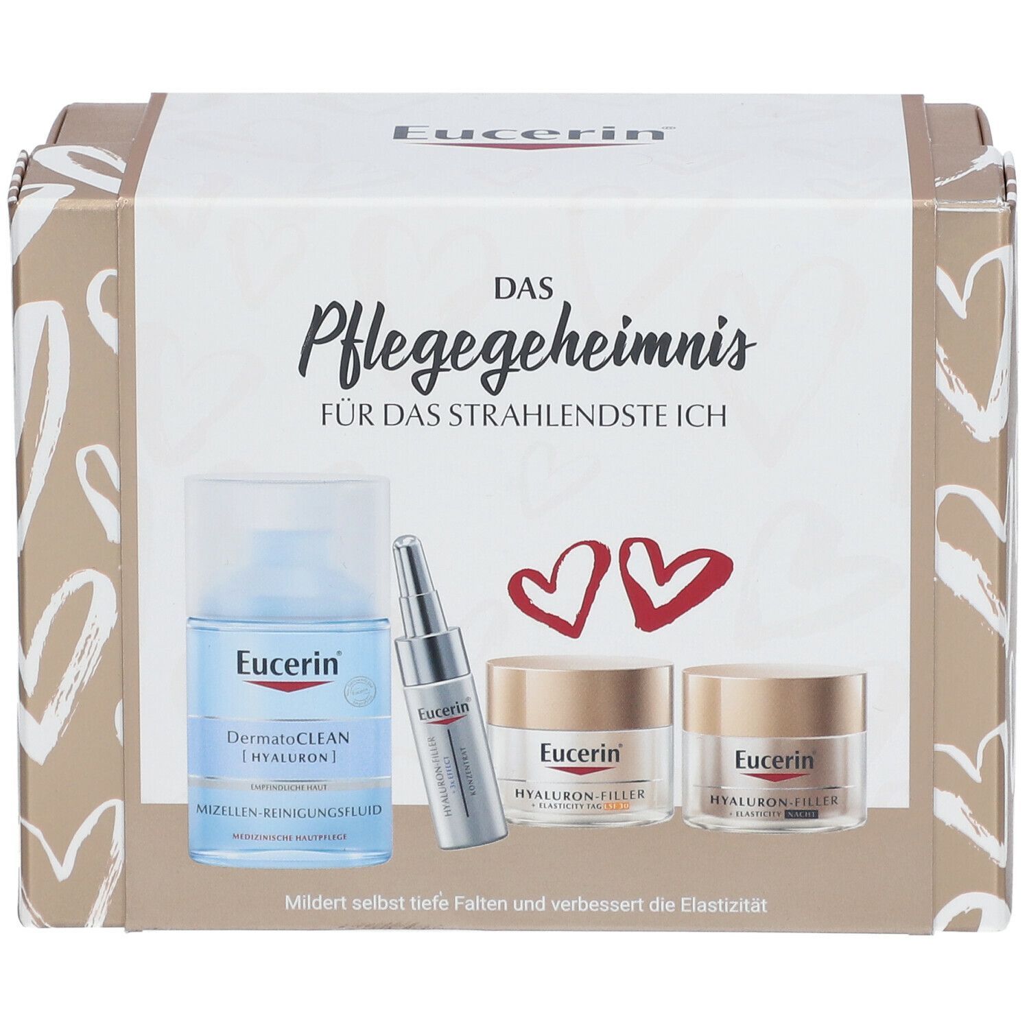 Geschenkset mit Produkten. Box mit weißer Front und goldfarbenen Seiten. Enthält Flasche, Serum und Cremes. Eucerin-Logo und Produktnamen.