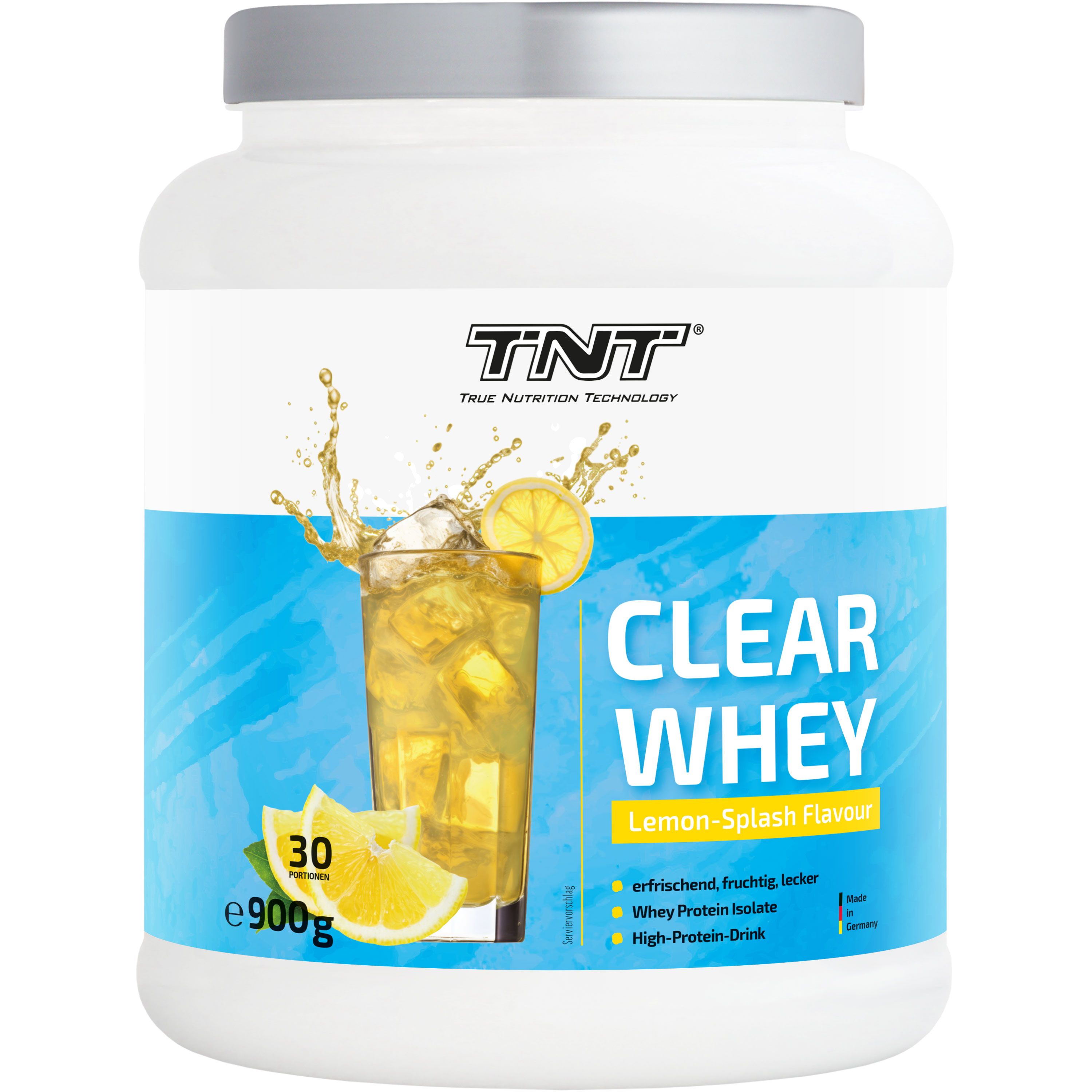 TNT Clear Whey-Dose. Aufdruck: Clear Whey, Lemon Splash Flavour. Abbildung eines Getränks mit Zitrone und Eis.