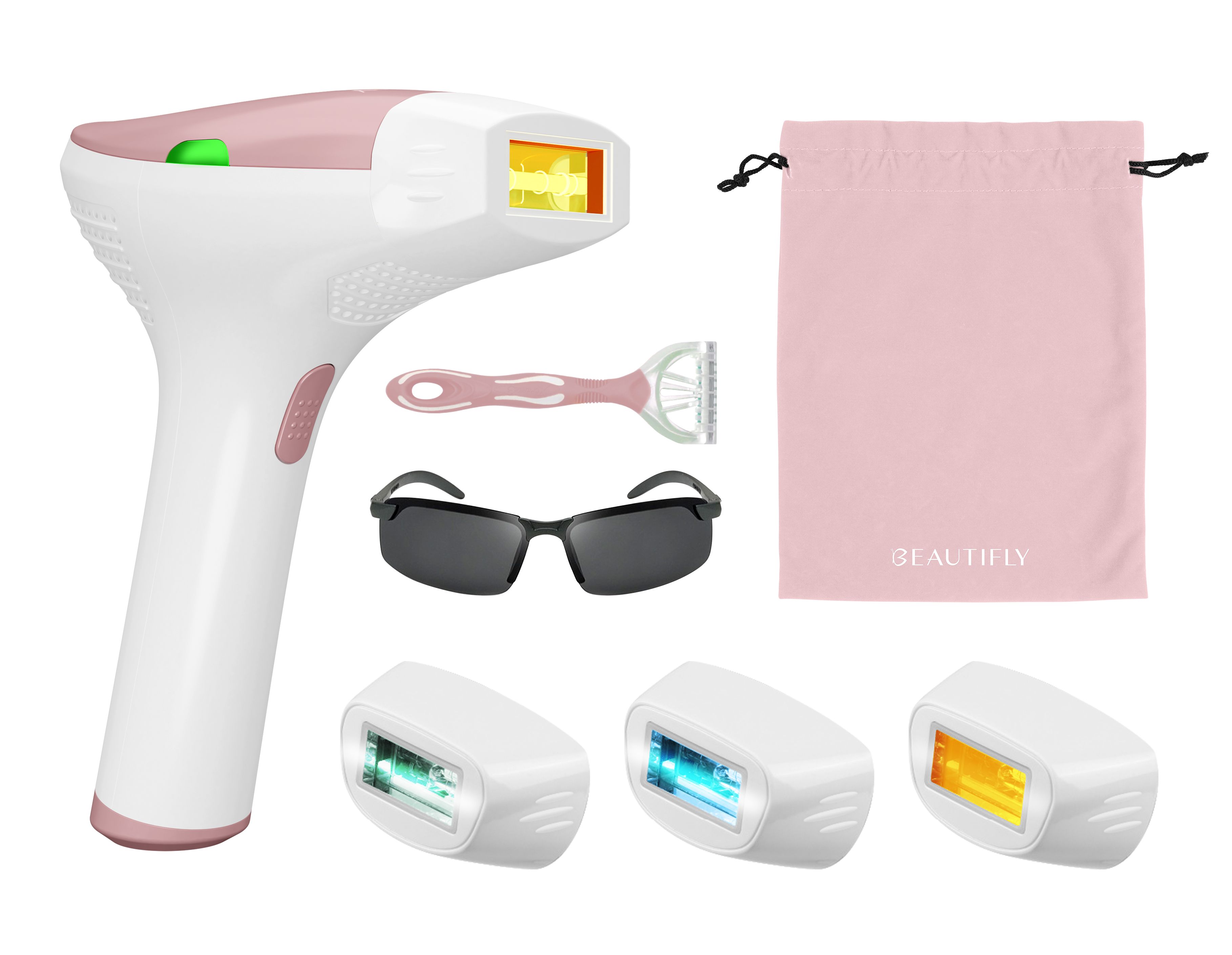 Lasergerät, Rasierer, Schutzbrille, Beutel mit Aufschrift BEAUTIFLY und drei Aufsätze. Rosa und weiße Farbkombination.