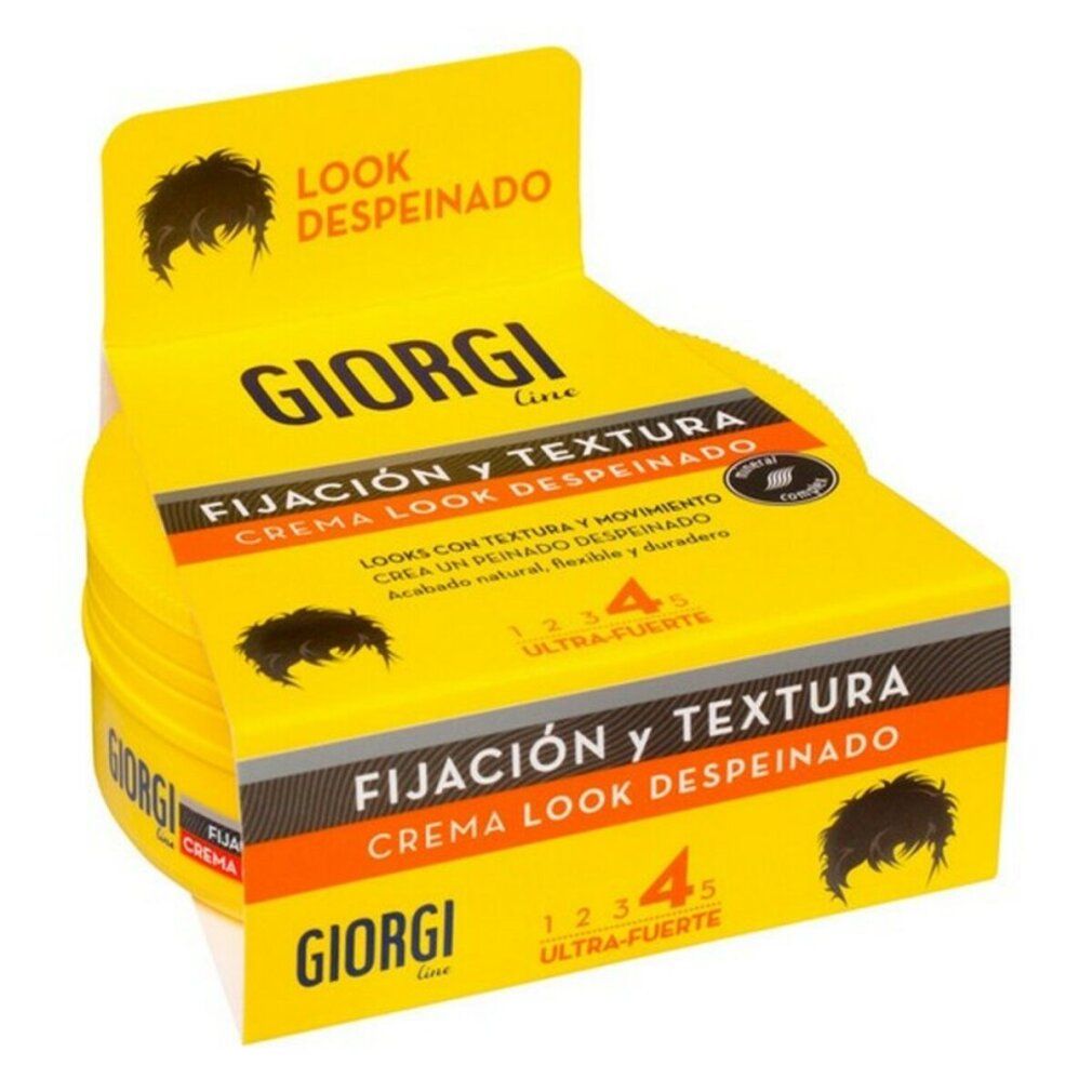 Gelbe Verpackung mit Produktnamen und -beschreibung. Text: GIORGI Line, Fijaion y Textura, Look Despeinado. Stärke 4.