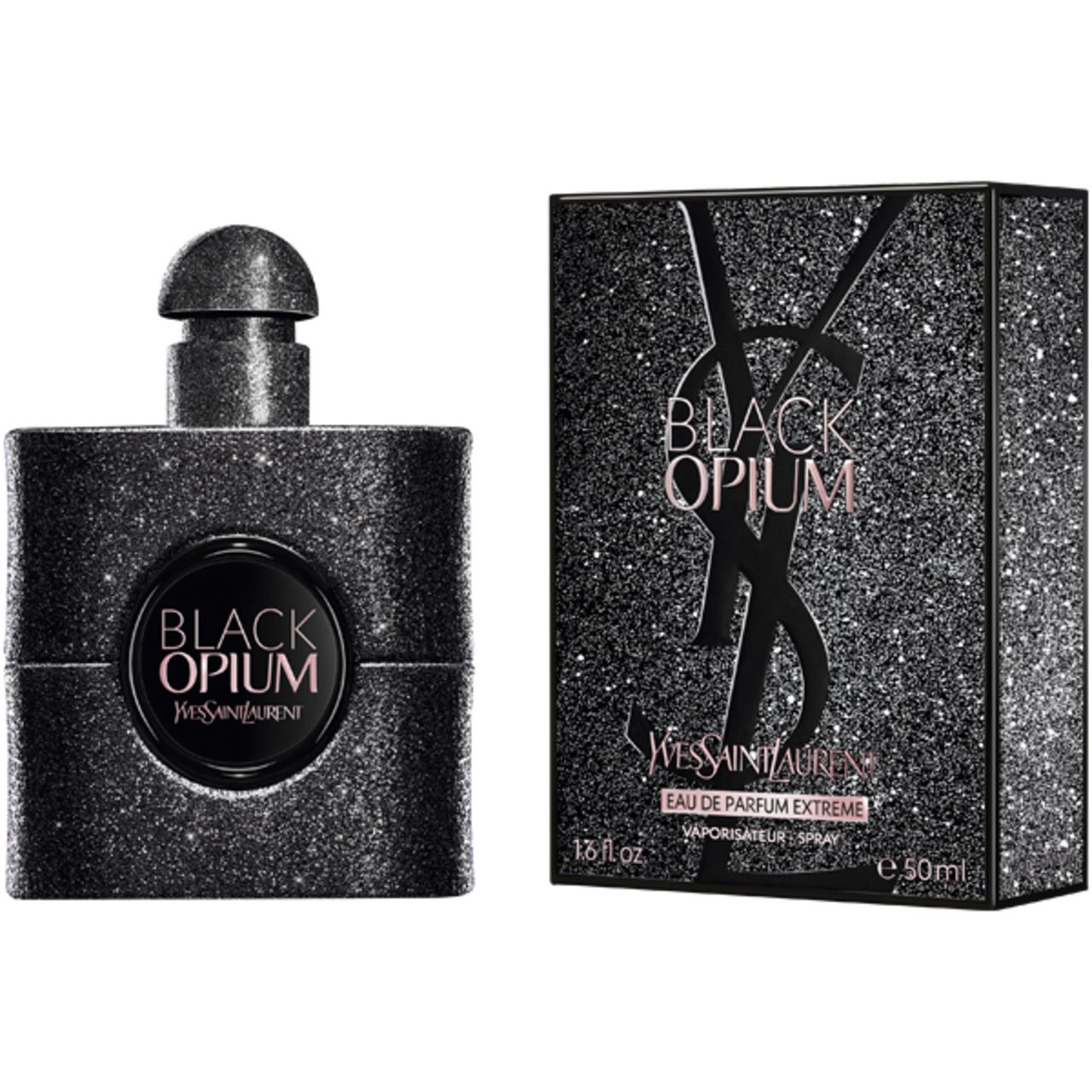 Schwarzer Flakon und Verpackung mit Glitzer-Effekt. Aufschrift: Black Opium, Yves Saint Laurent. E.d.P. Nat. Spray.