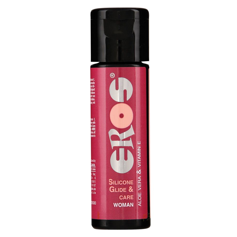 Flasche mit schwarzem Deckel und rosa Etikett. Aufschrift: EROS, Silicone Glide & Care, Aloe Vera & Vitamin E, WOMAN.