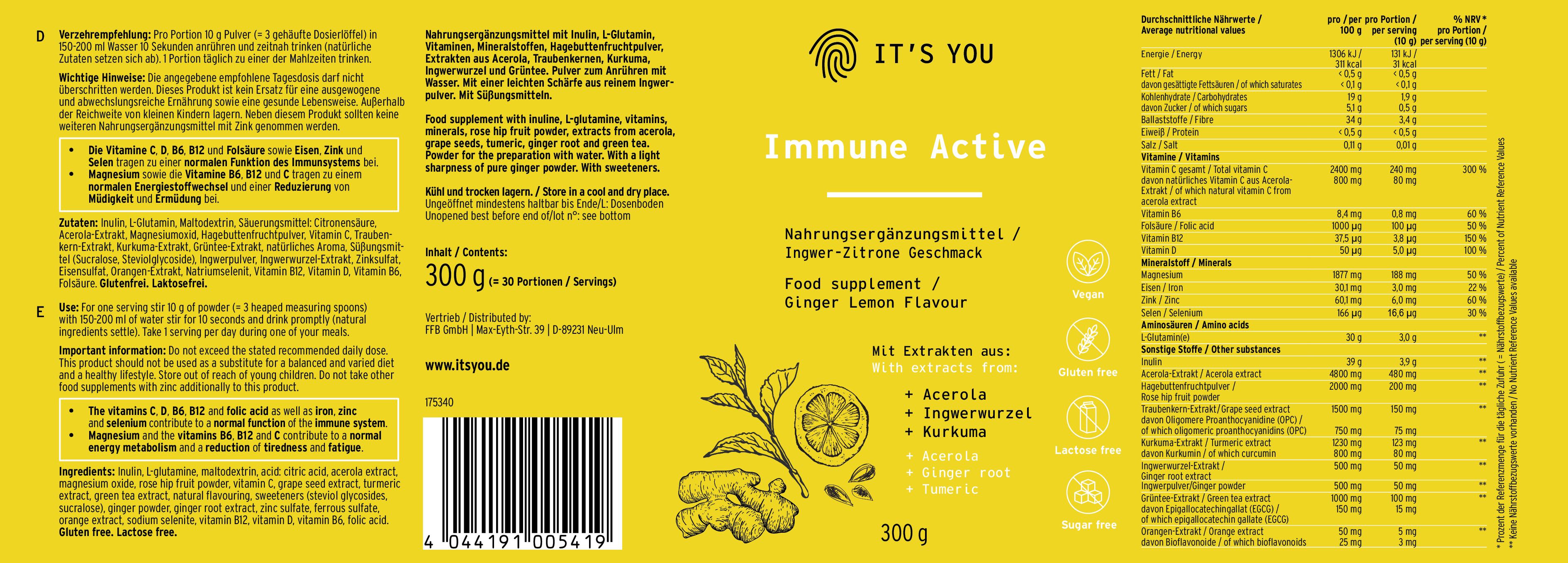 Gelber Hintergrund mit Produktinformationen. "Immune Active" und "IT'S YOU" Logo. Enthält Nährwertangaben und Zutaten.