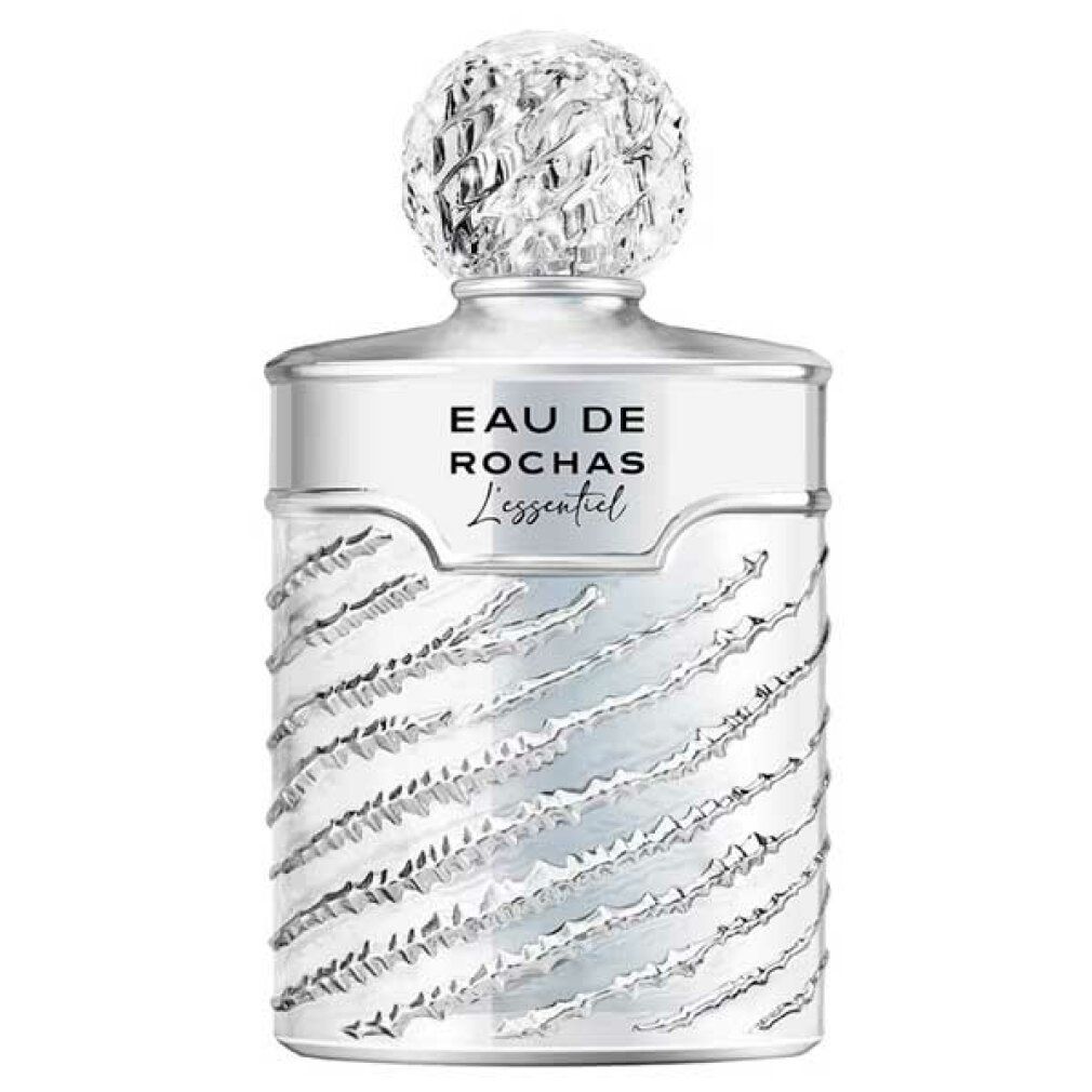 Silberfarbene Flasche mit geriffelter Oberfläche und Kappe. Aufschrift: Eau de Rochas L'Essentiel.