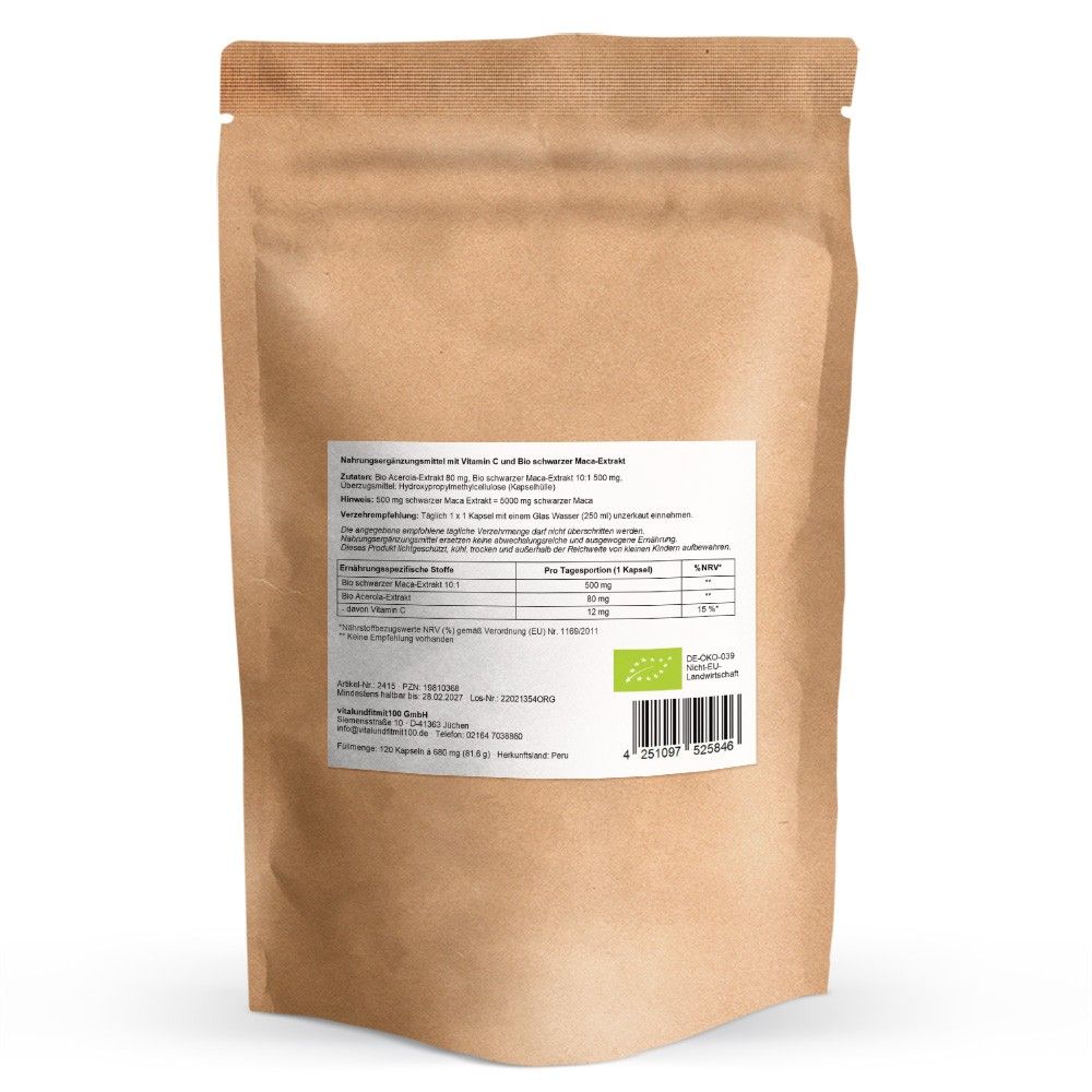 Rückseite einer braunen Papiertüte. Weißes Etikett mit Text und Nährwerttabelle. Bio-Siegel. Barcode.