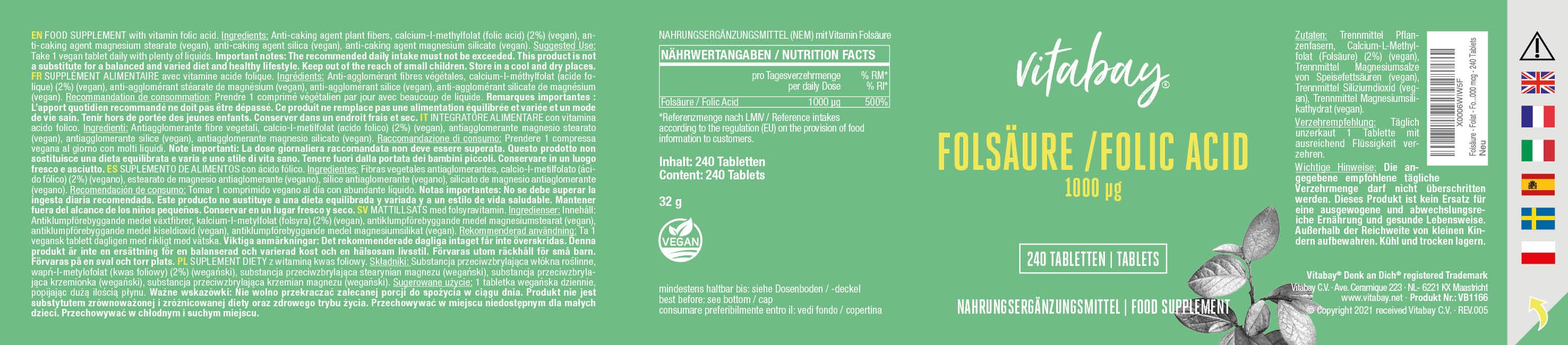 Vitabay Folsäure - Folic Acid 1000 mcg 240 St Tabletten