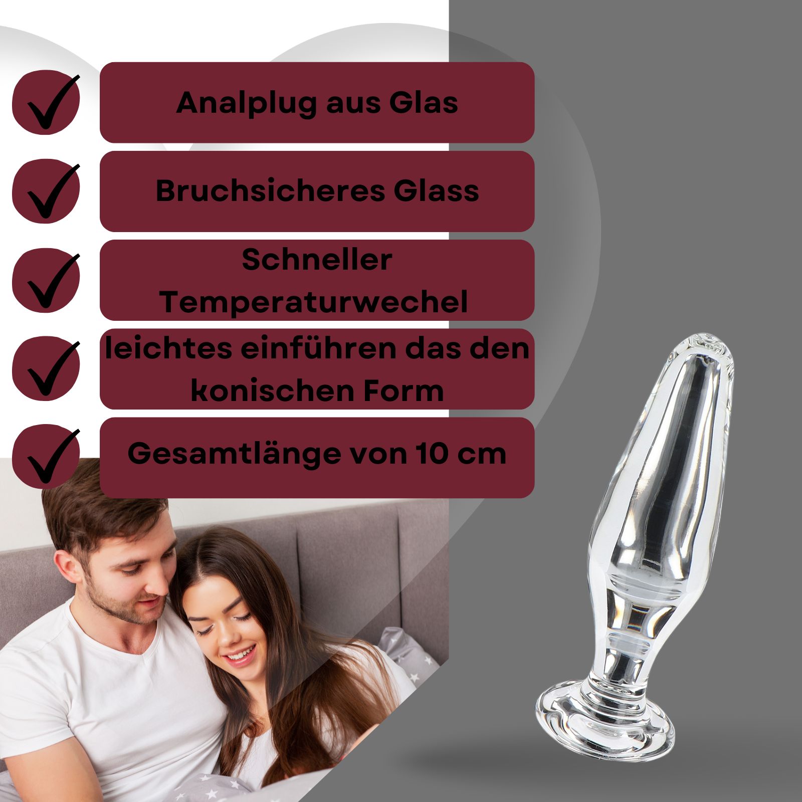 Analplug aus Glas. Konische Form. Gesamtlänge 10 cm. Transparentes Material. Neben Paar. Auf grauem Hintergrund.