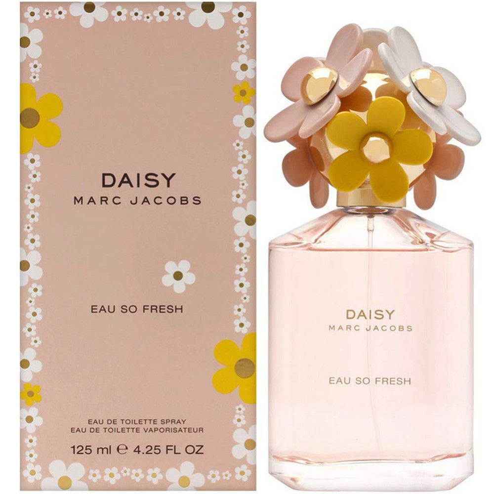 Rosa Flakon mit Blumenaufsatz und Karton. Aufschrift: DAISY MARC JACOBS, Eau So Fresh. Karton mit Blumenmuster.