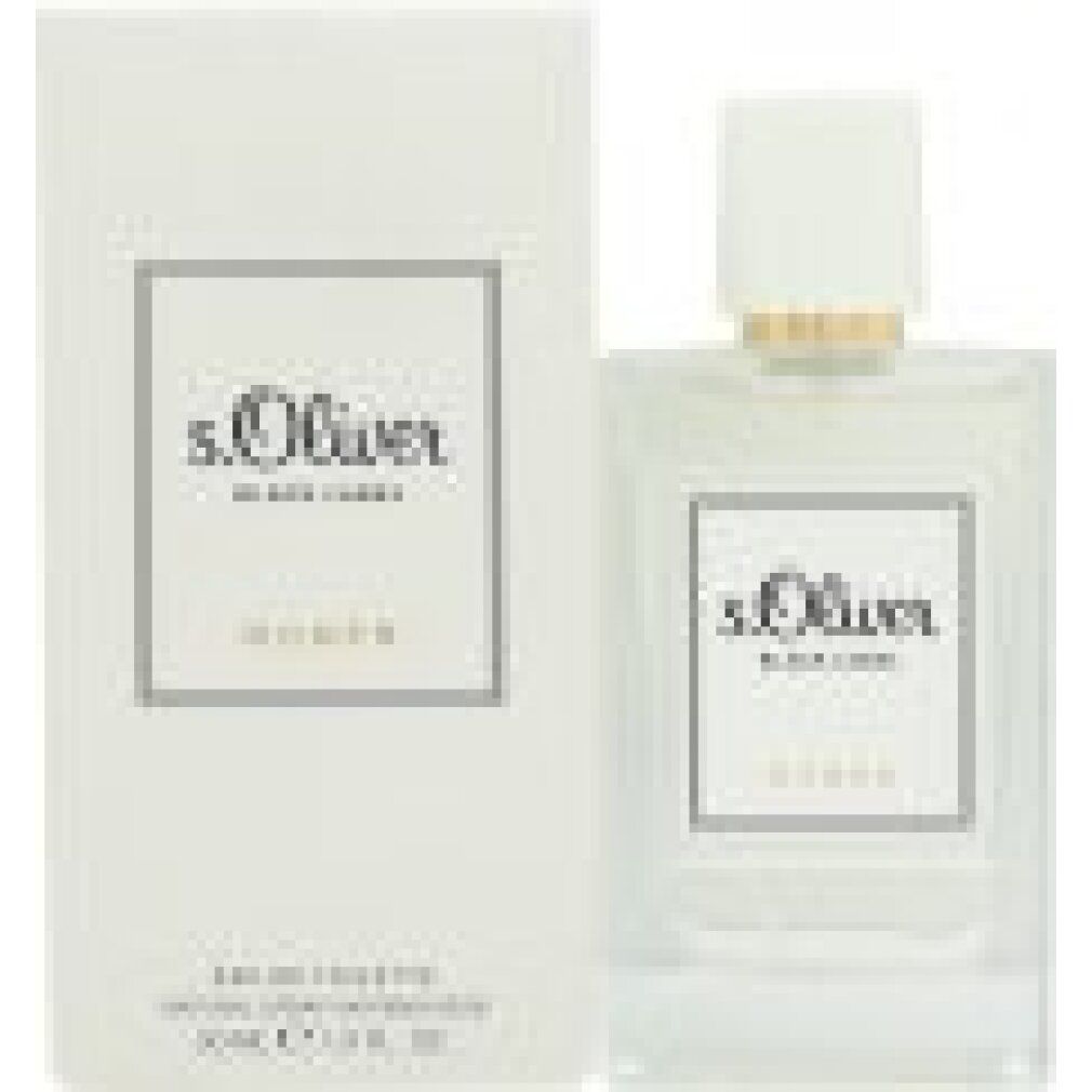 Eau de Toilette Flakon und Verpackung. Rechteckiger Flakon mit weißem Deckel. Aufschrift: s.Oliver Black Label Women.