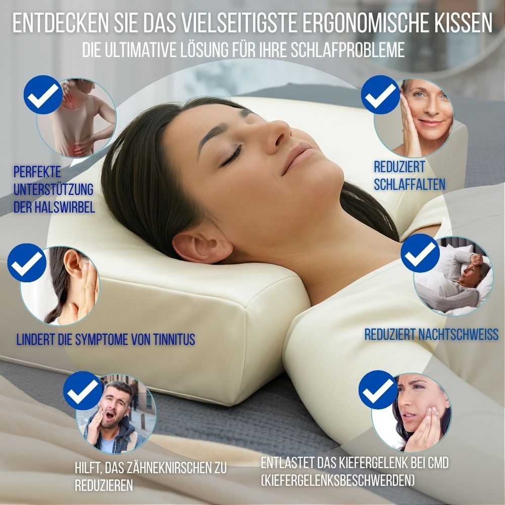 Frau liegt auf einem ergonomischen Kissen.  Text und Icons.  Text: Entdecken Sie das ergonomische Kissen.
