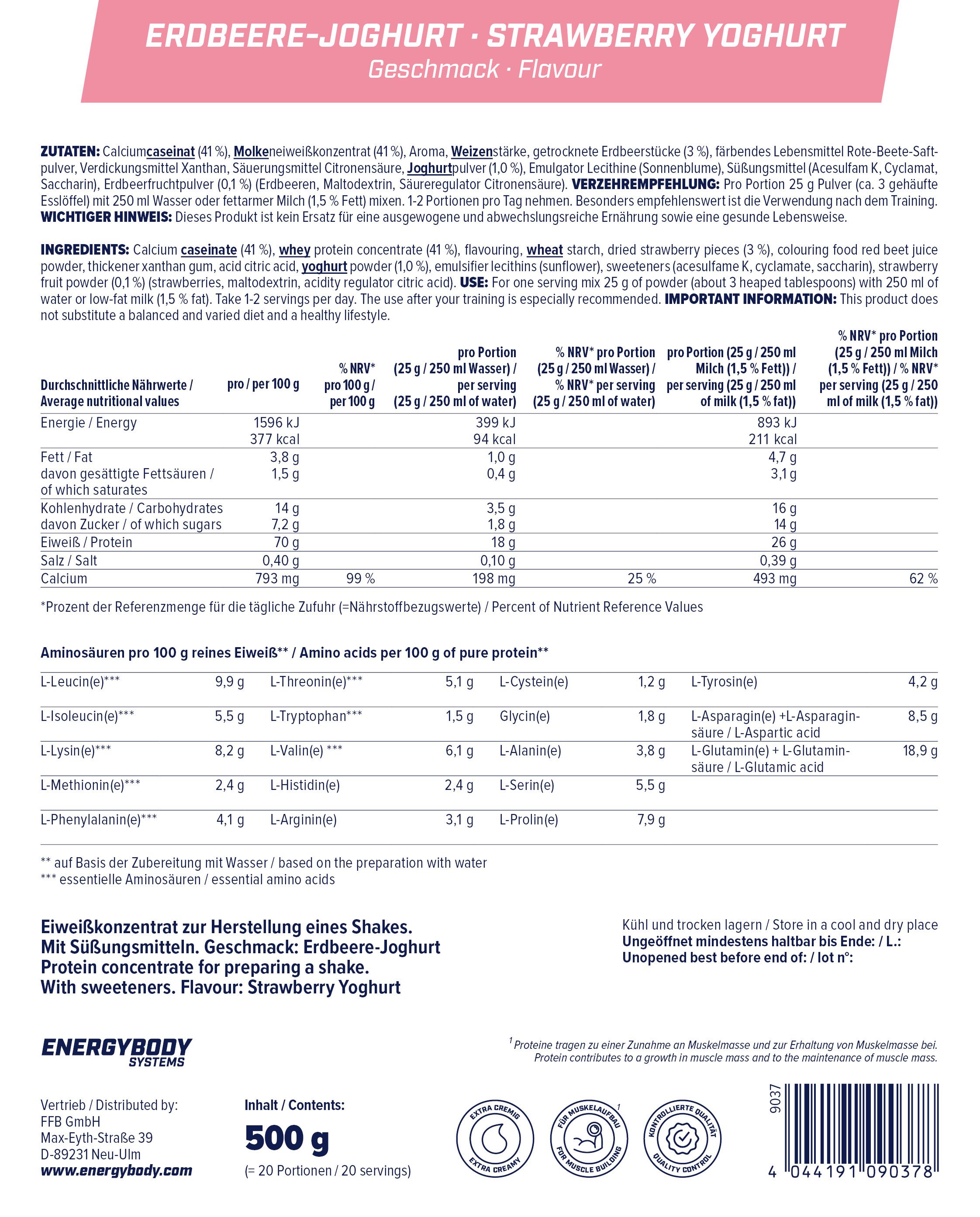 Rückseite der Mega Protein Verpackung. Enthält Nährwertangaben, Aminosäuren und Inhaltsstoffe. 500g Inhalt.